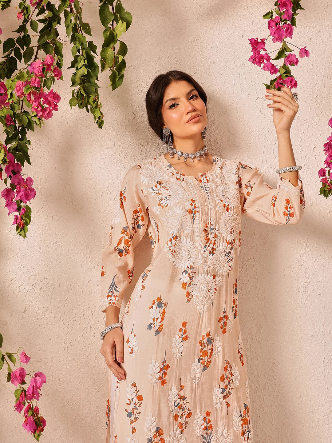 Ada Hand Embroidered Printed Peach Chanderi Lucknowi Chikankari Kurta Set A811336