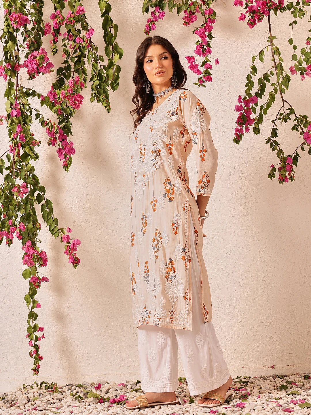 Ada Hand Embroidered Printed Peach Chanderi Lucknowi Chikankari Kurta Set A811336