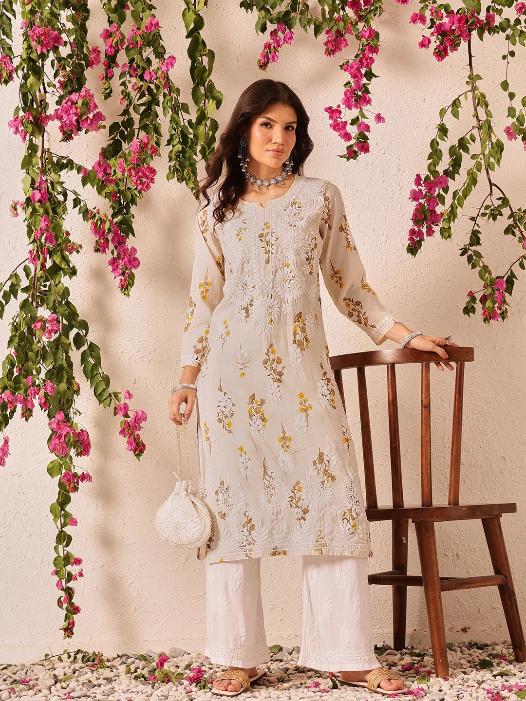 Ada Hand Embroidered Printed Light Fawn Chanderi Lucknowi Chikankari Kurta Set A811338