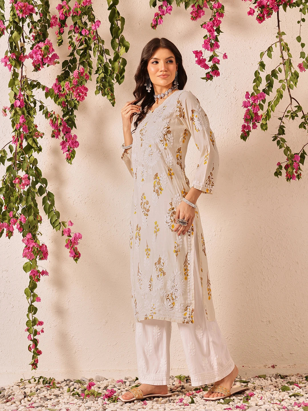 Ada Hand Embroidered Printed Light Fawn Chanderi Lucknowi Chikankari Kurta Set A811338