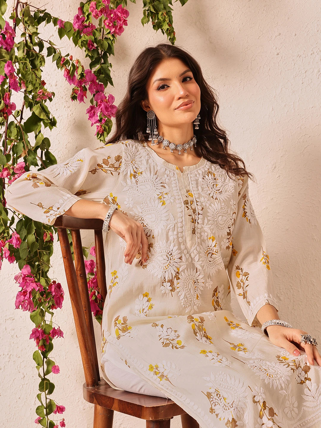 Ada Hand Embroidered Printed Light Fawn Chanderi Lucknowi Chikankari Kurta Set A811338