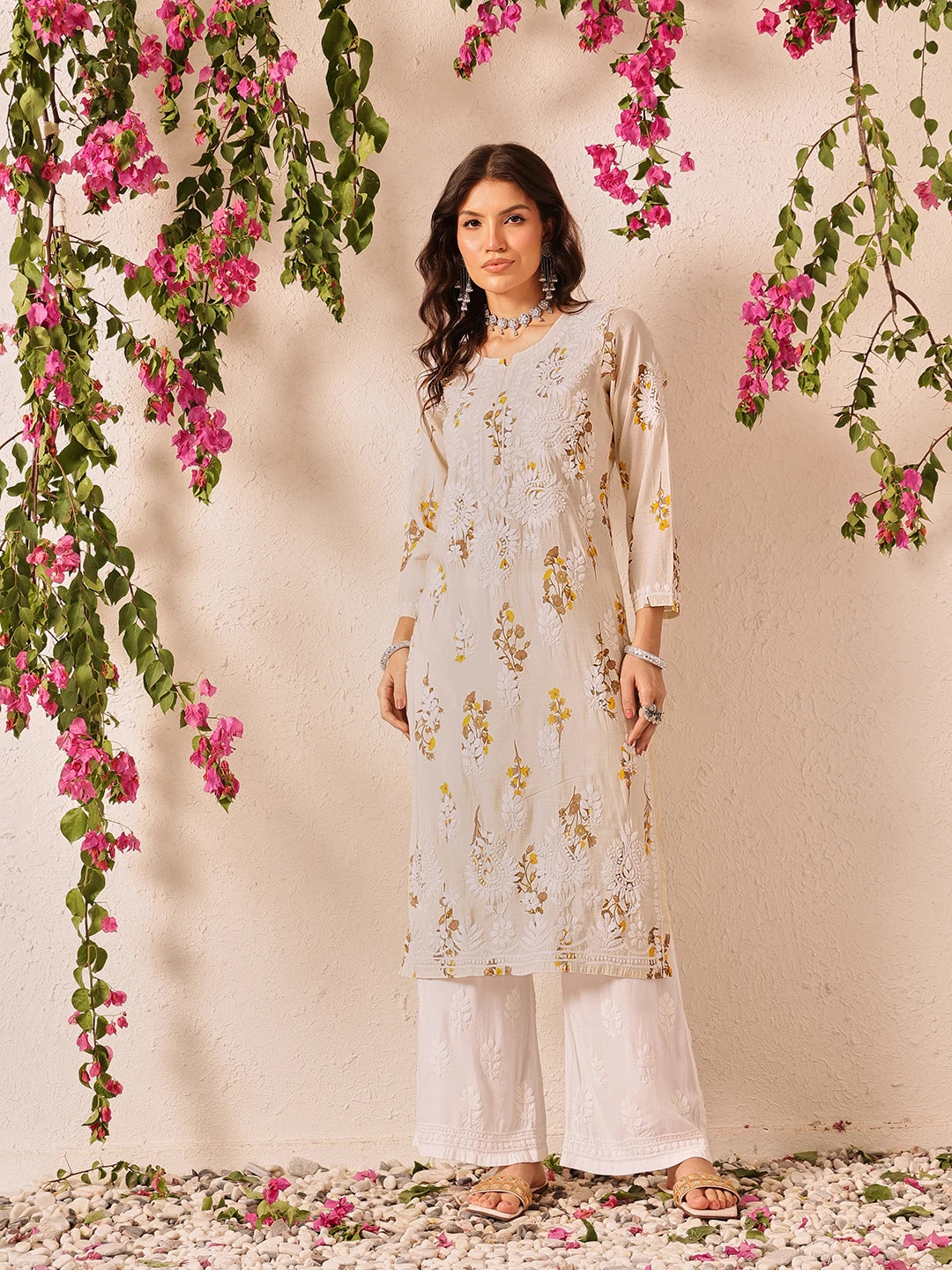 Ada Hand Embroidered Printed Light Fawn Chanderi Lucknowi Chikankari Kurta Set A811338