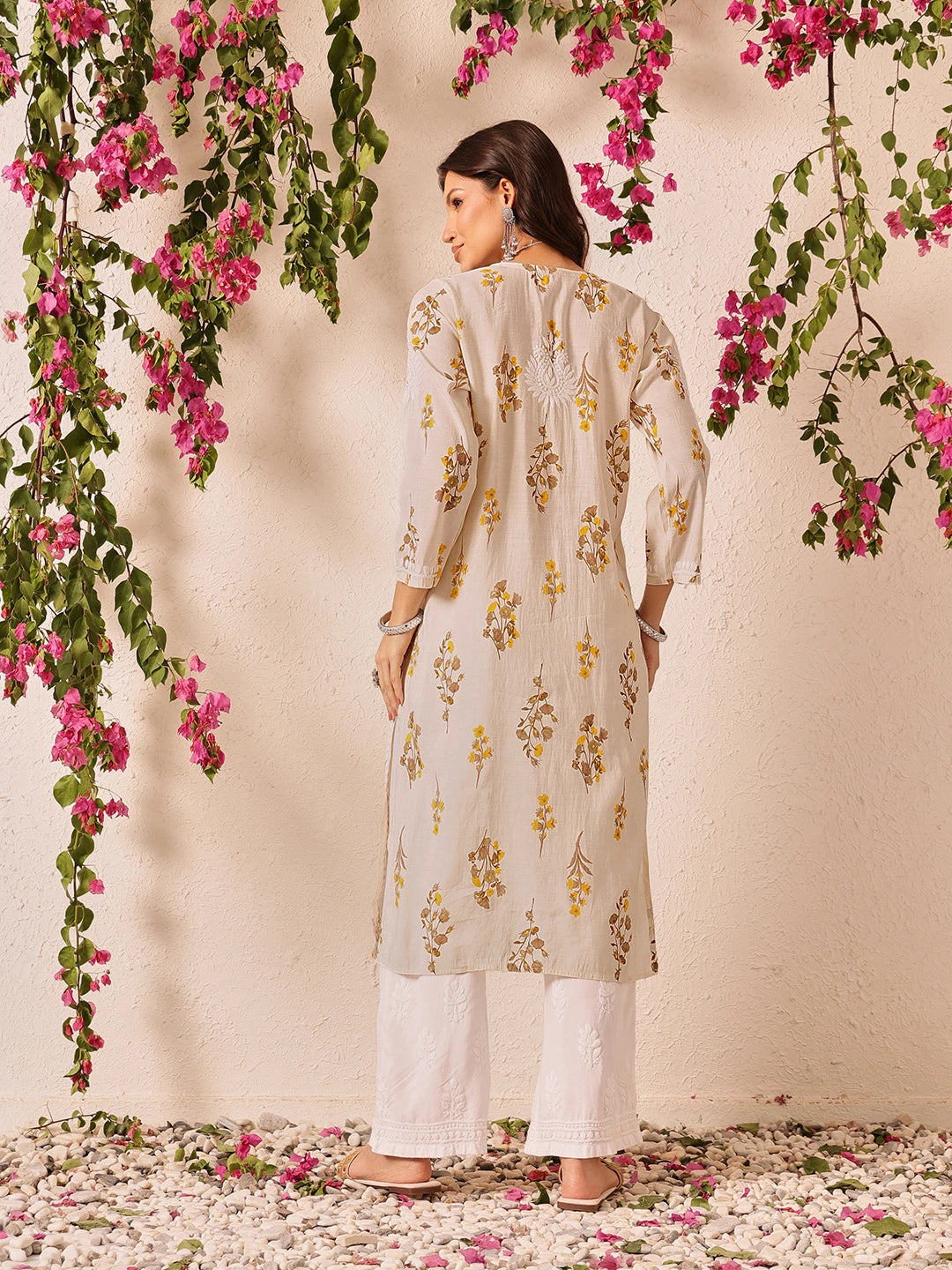 Ada Hand Embroidered Printed Light Fawn Chanderi Lucknowi Chikankari Kurta Set A811338