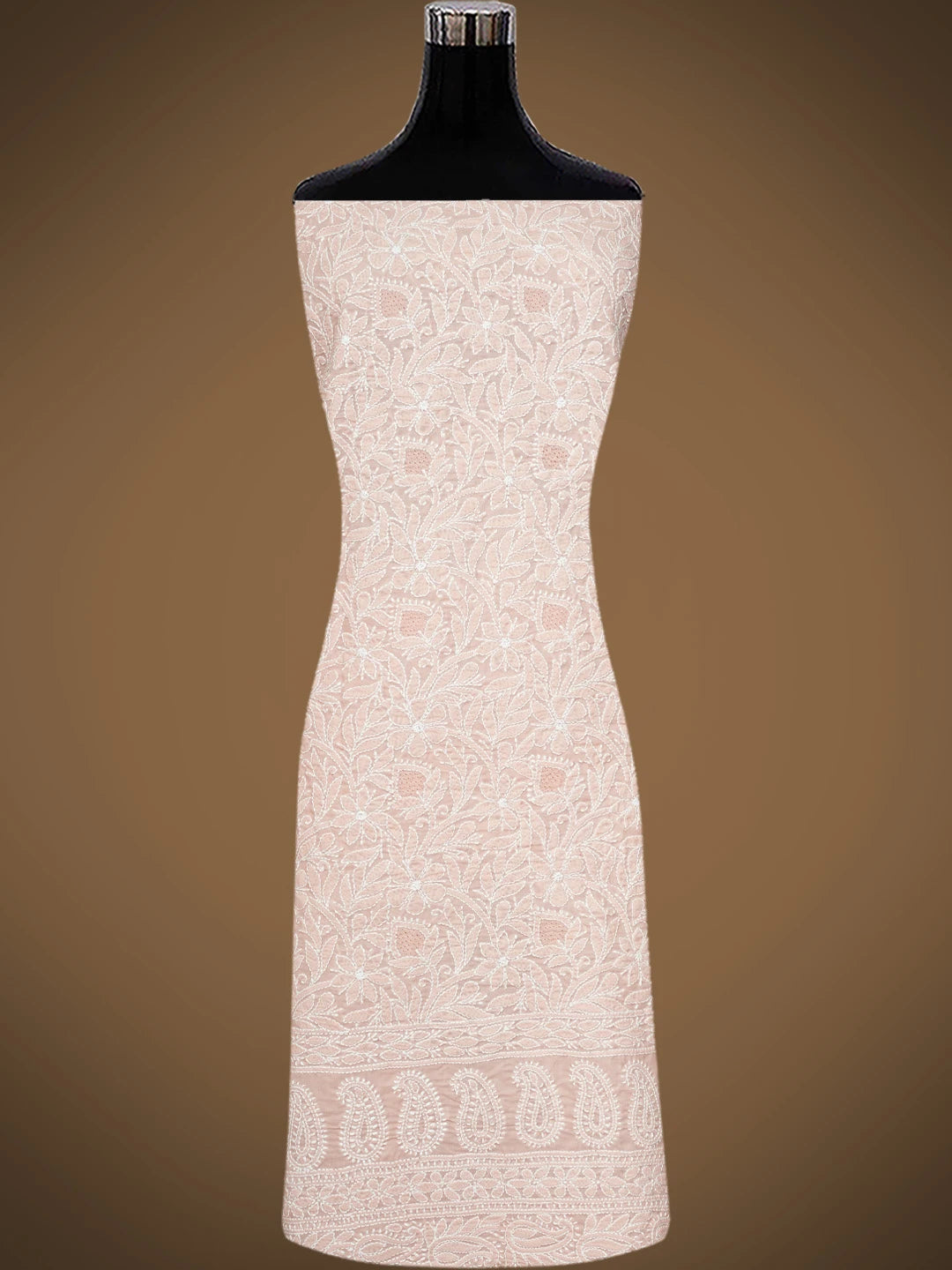 Ada Hand Embroidered Creamy Peach Cotton Lucknowi Chikankari Unstitched Kurta Piece 01A829677