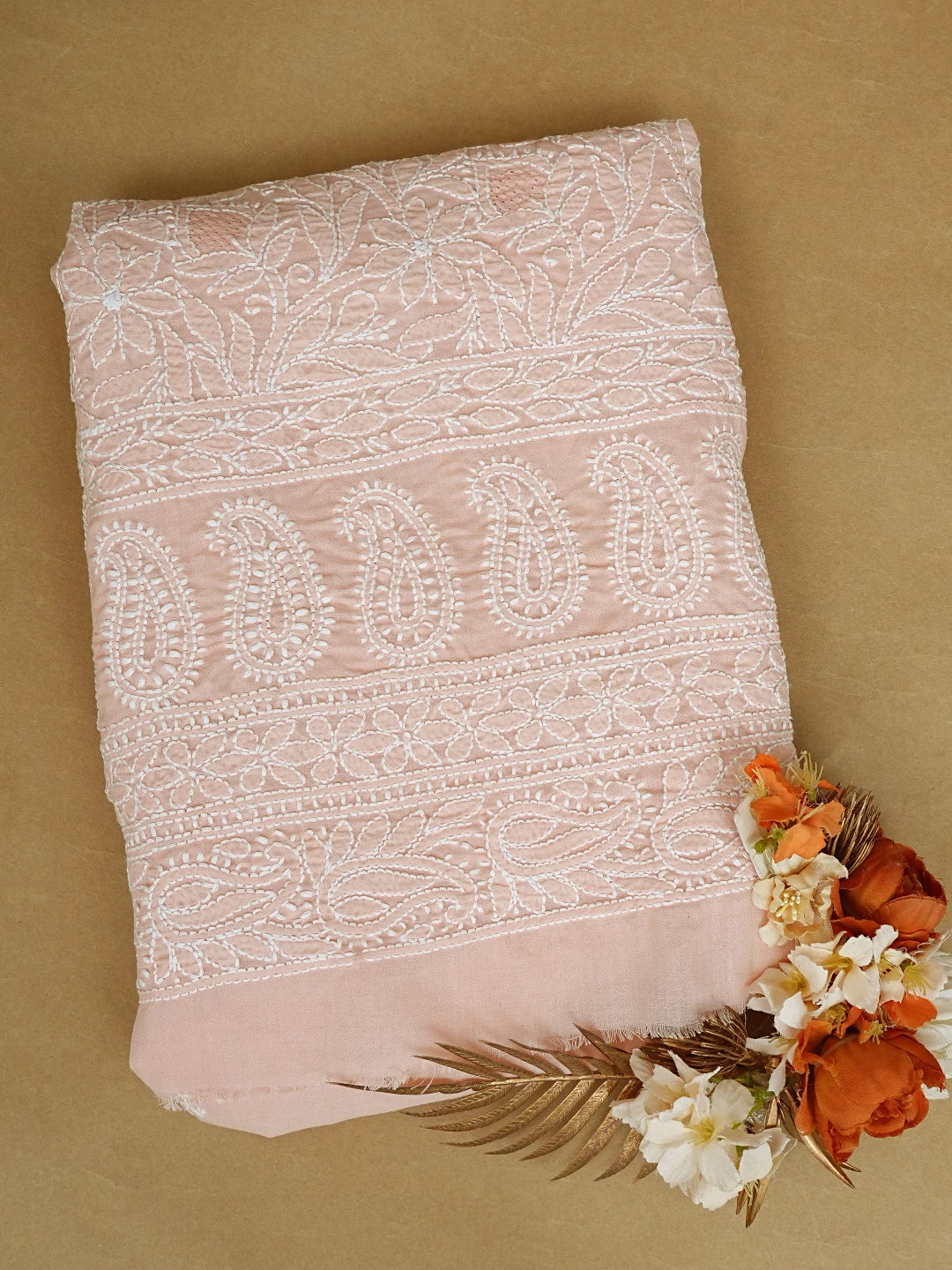 Ada Hand Embroidered Creamy Peach Cotton Lucknowi Chikankari Unstitched Kurta Piece 01A829677