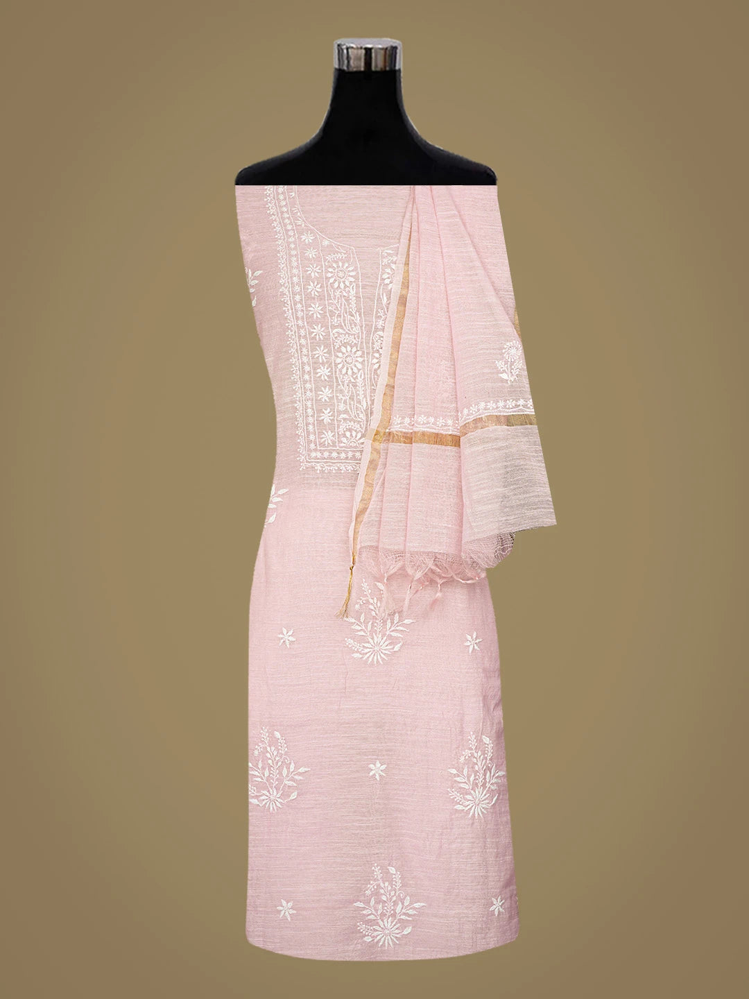 Ada Hand Embroidered Pink Chanderi Lucknowi Chikankari Unstitched Kurta Dupatta Set 01A778431