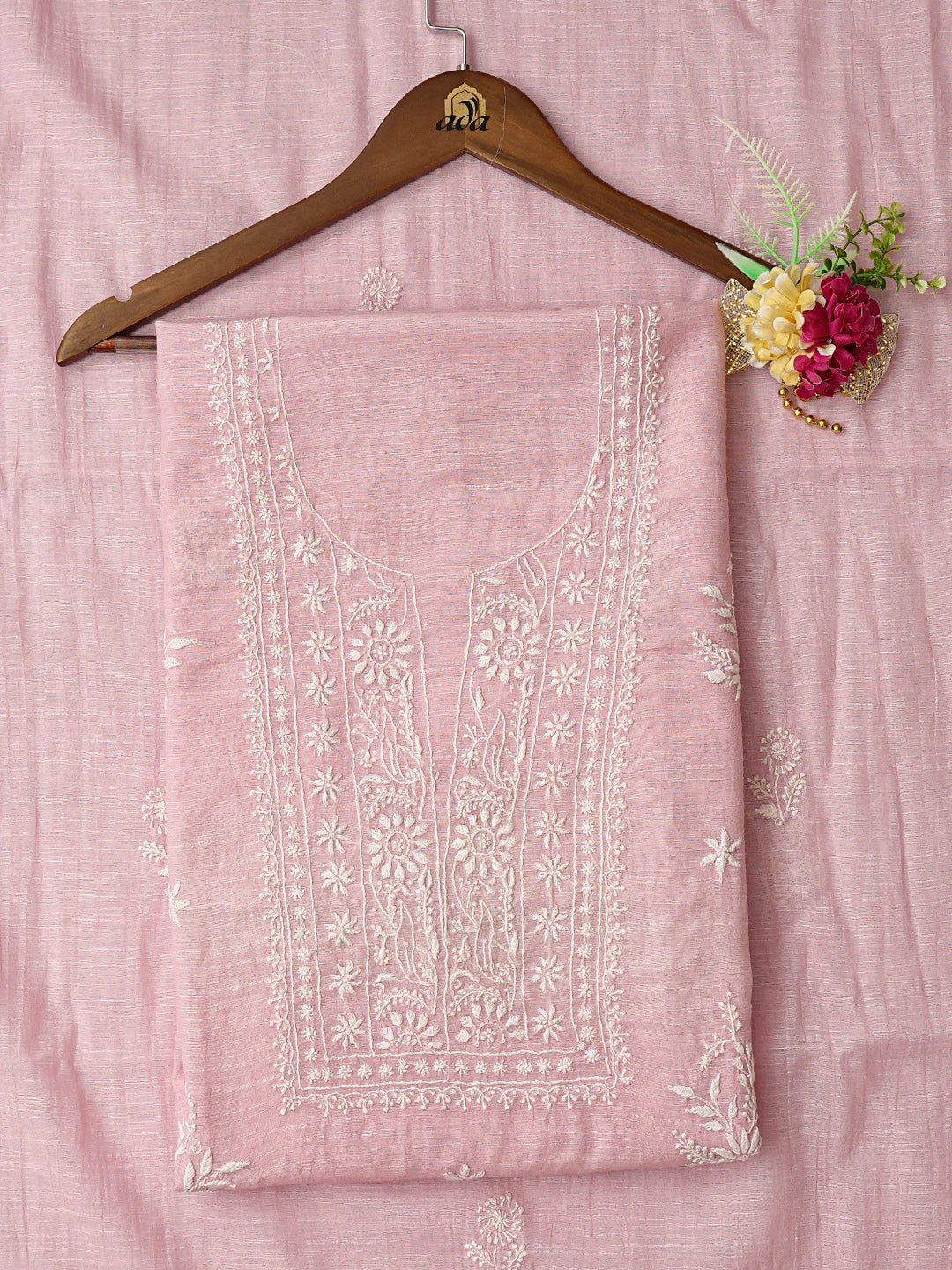 Ada Hand Embroidered Pink Chanderi Lucknowi Chikankari Unstitched Kurta Dupatta Set 01A778431