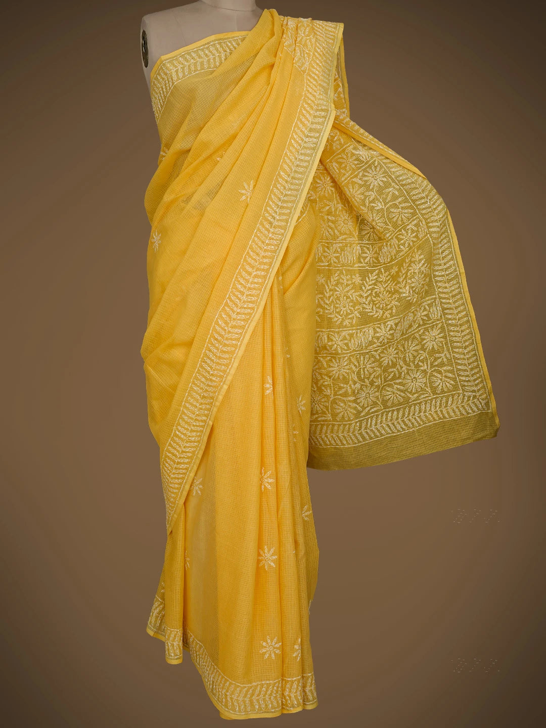 Ada Hand Embroidered Yellow Kota Lucknowi Chikankari Saree With Blouse 01A525436