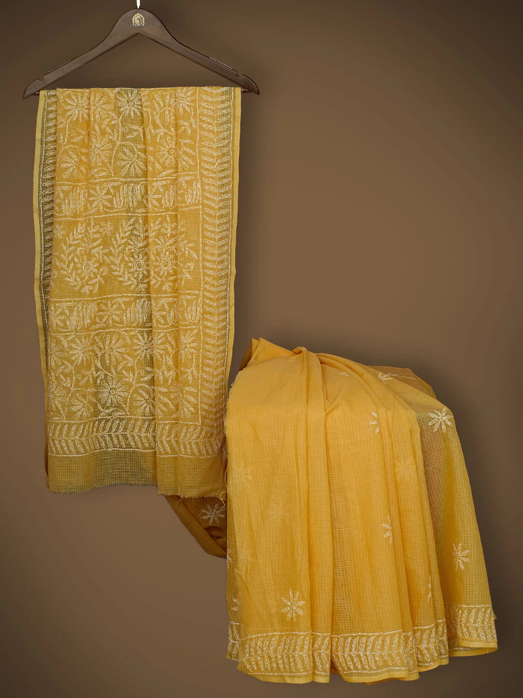 Ada Hand Embroidered Yellow Kota Lucknowi Chikankari Saree With Blouse 01A525436