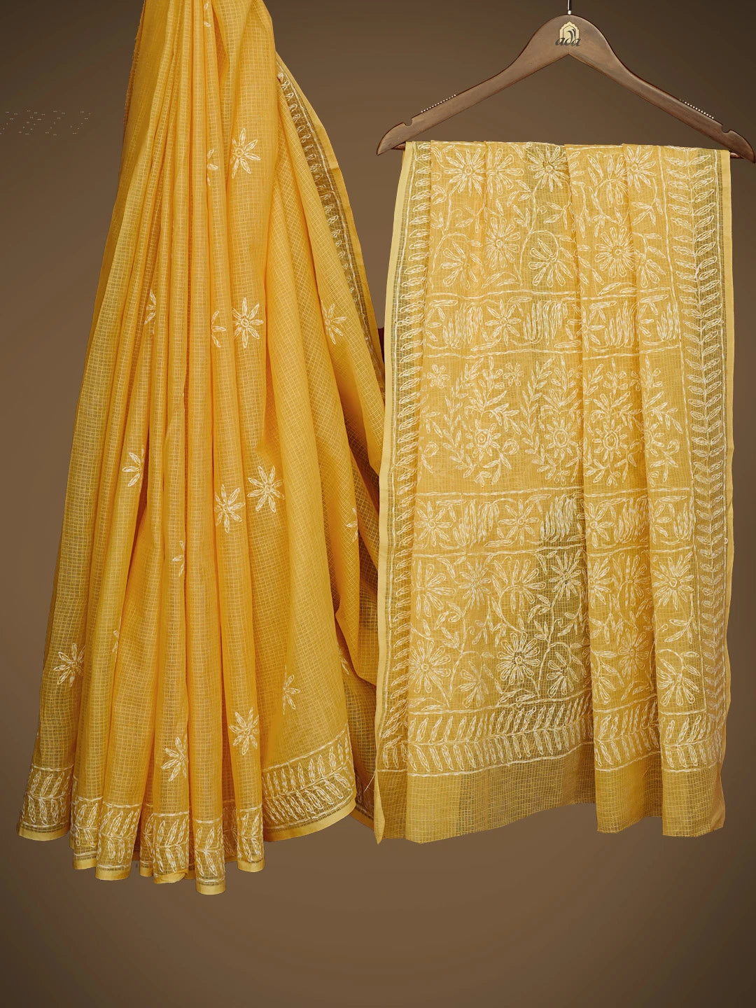 Ada Hand Embroidered Yellow Kota Lucknowi Chikankari Saree With Blouse 01A525436