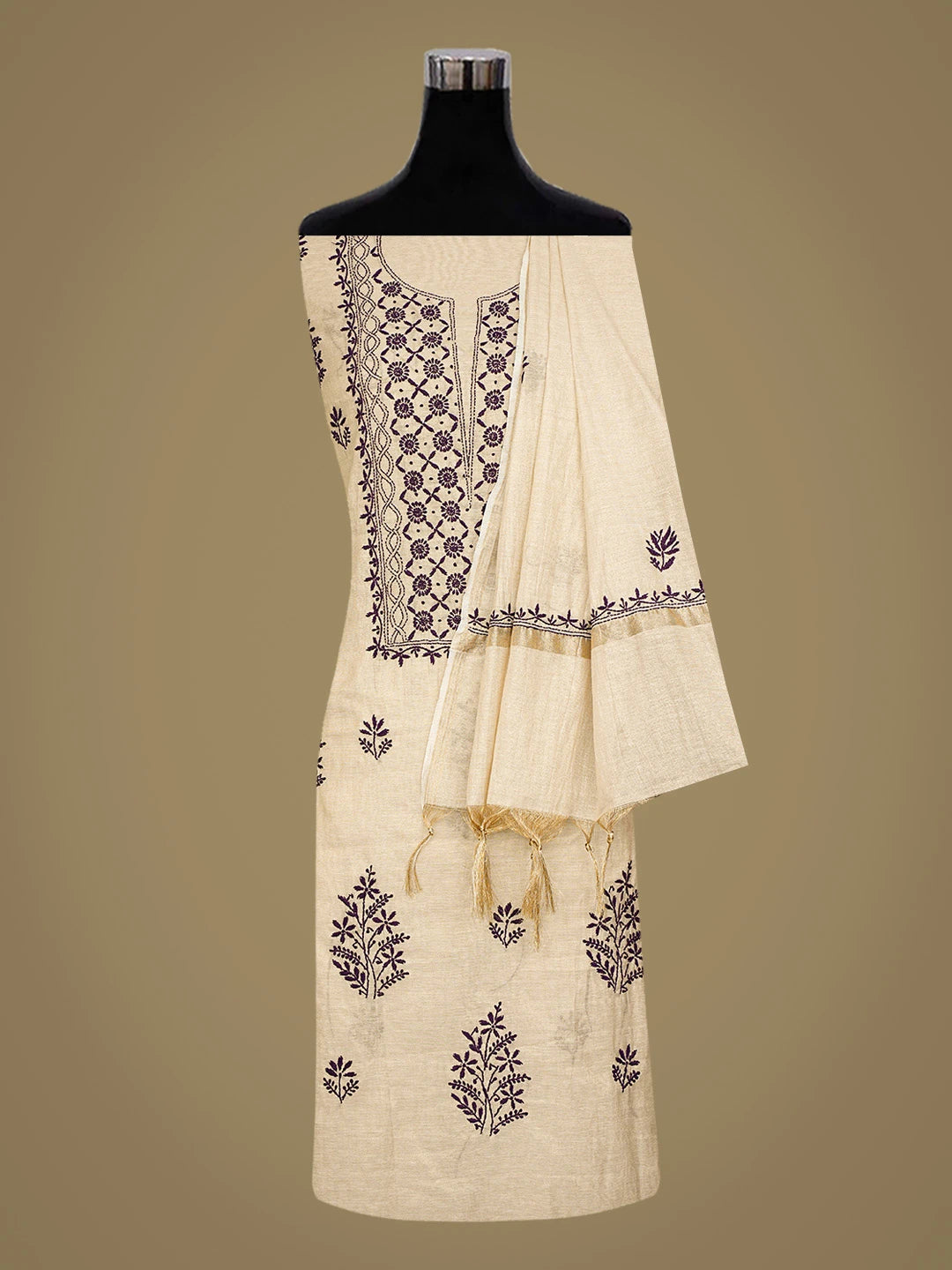 Ada Hand Embroidered Fawn Tissue Lucknowi Chikankari Unstitched Kurta Dupatta Set 01A809542