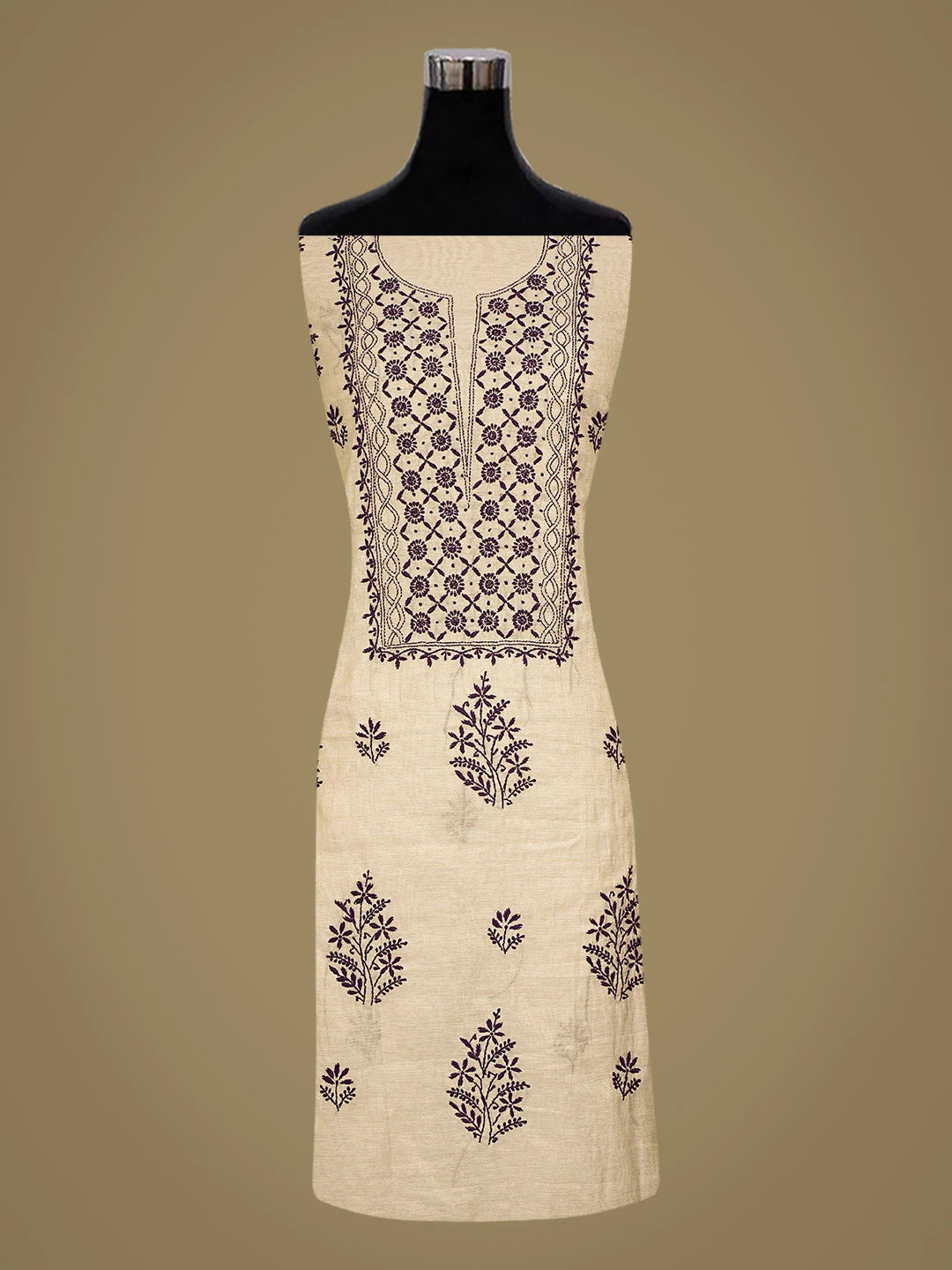 Ada Hand Embroidered Fawn Tissue Lucknowi Chikankari Unstitched Kurta Dupatta Set 01A809542
