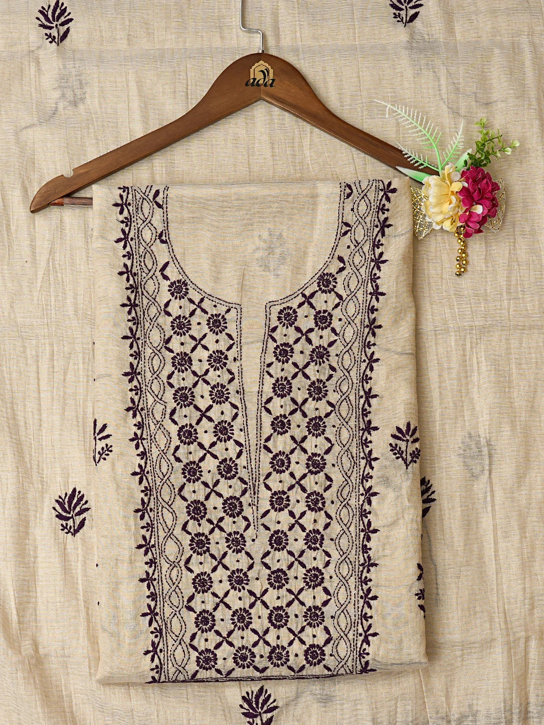 Ada Hand Embroidered Fawn Tissue Lucknowi Chikankari Unstitched Kurta Dupatta Set 01A809542