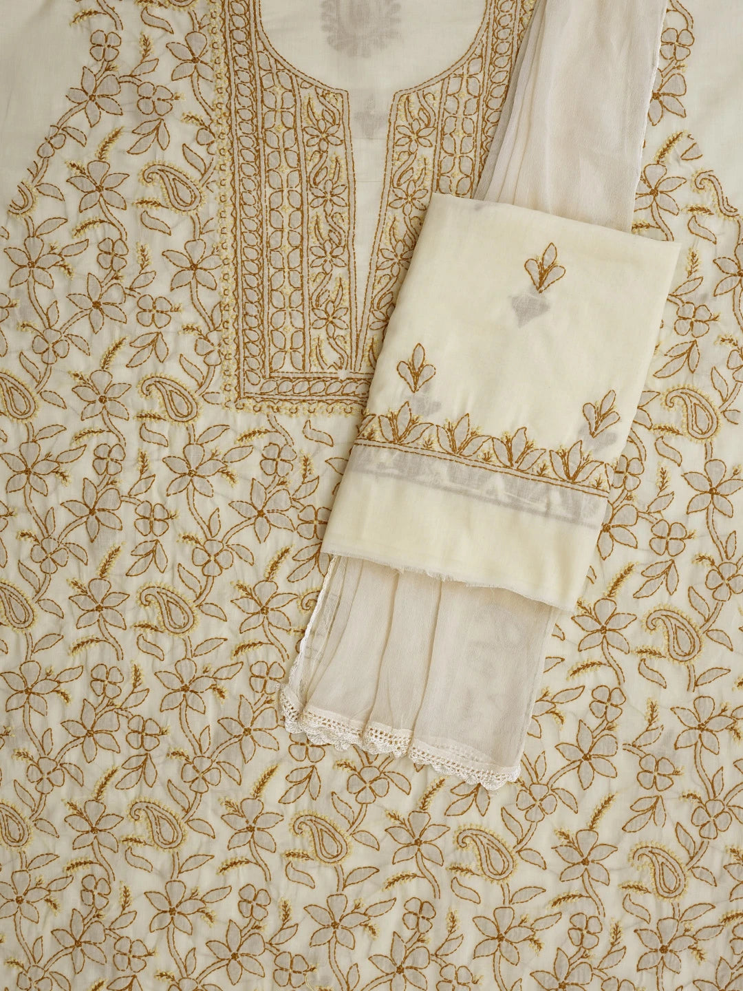 Ada Hand Embroidered Vanilla Yellow Cotton Lucknowi Chikankari Unstitched Suit Piece 01A829724