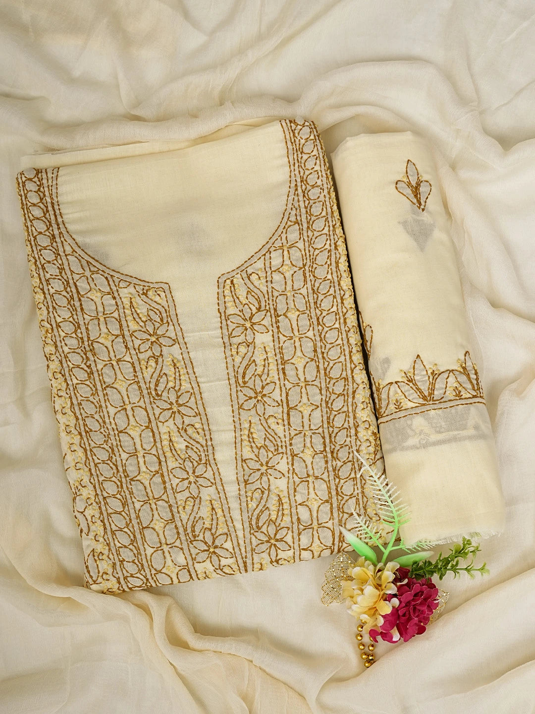 Ada Hand Embroidered Vanilla Yellow Cotton Lucknowi Chikankari Unstitched Suit Piece 01A829724