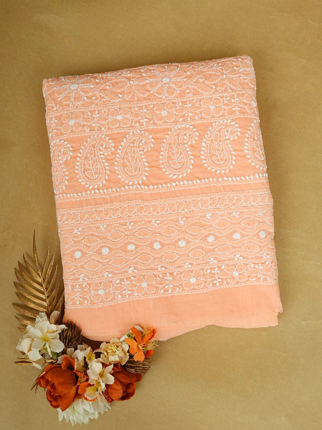 Ada Hand Embroidered Peach Cotton Lucknowi Chikankari Unstitched Kurta Piece 01A829676