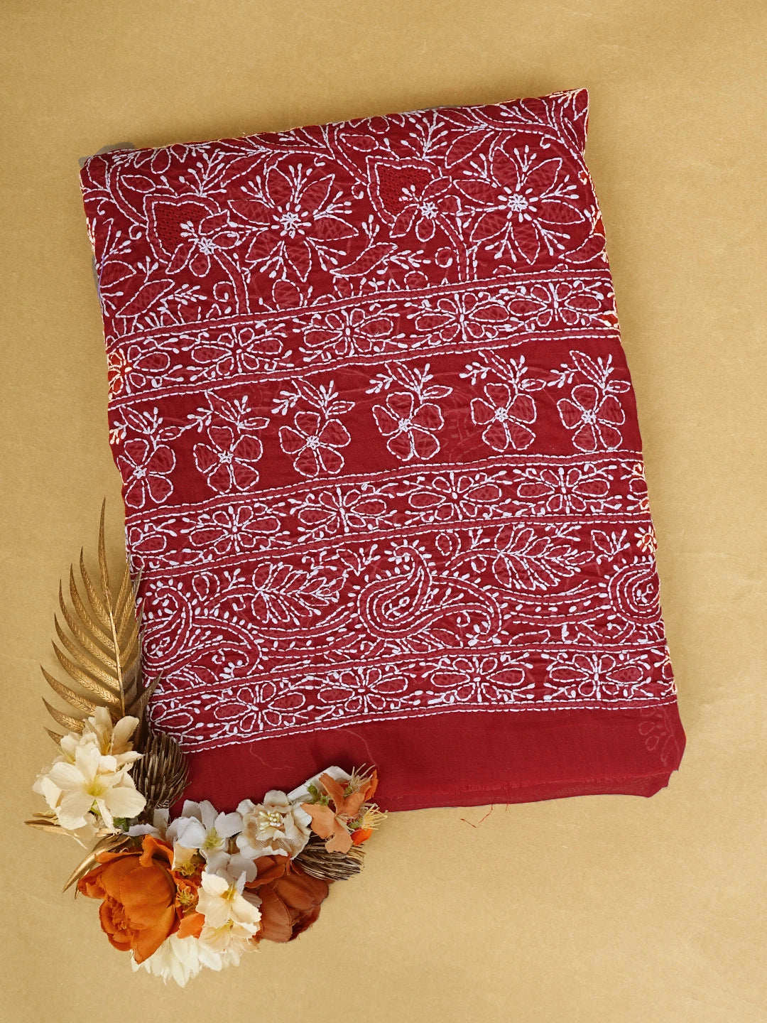 Ada Hand Embroidered Maroon Cotton Lucknowi Chikankari Unstitched Kurta Piece 01A829659