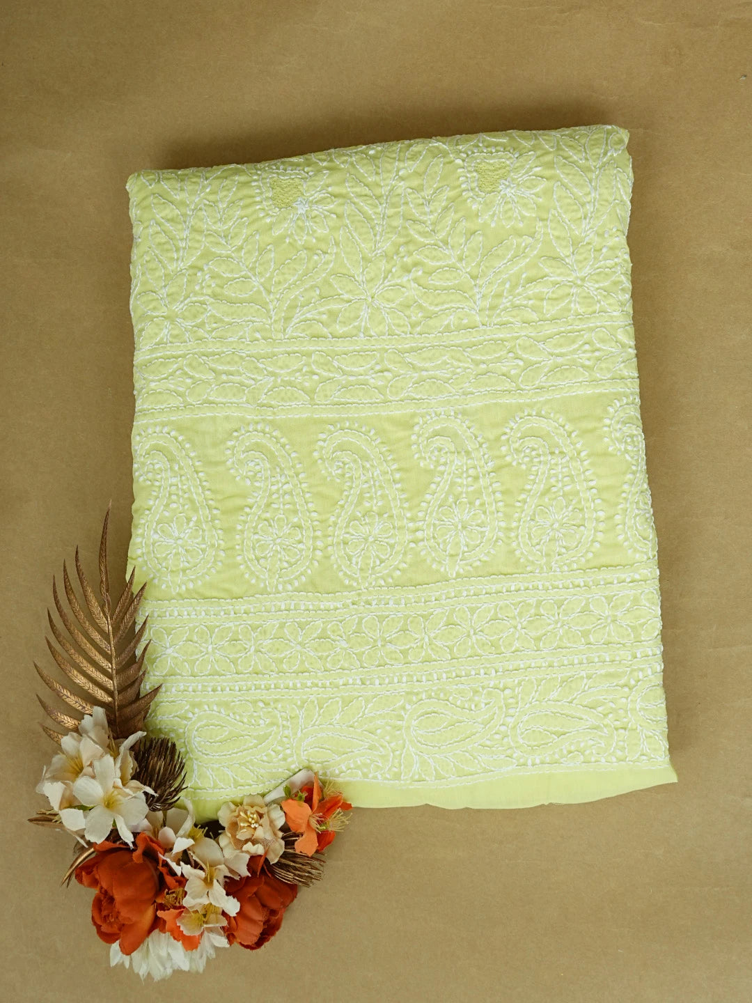 Ada Hand Embroidered Lime Green Cotton Lucknowi Chikankari Unstitched Kurta Piece 01A829670