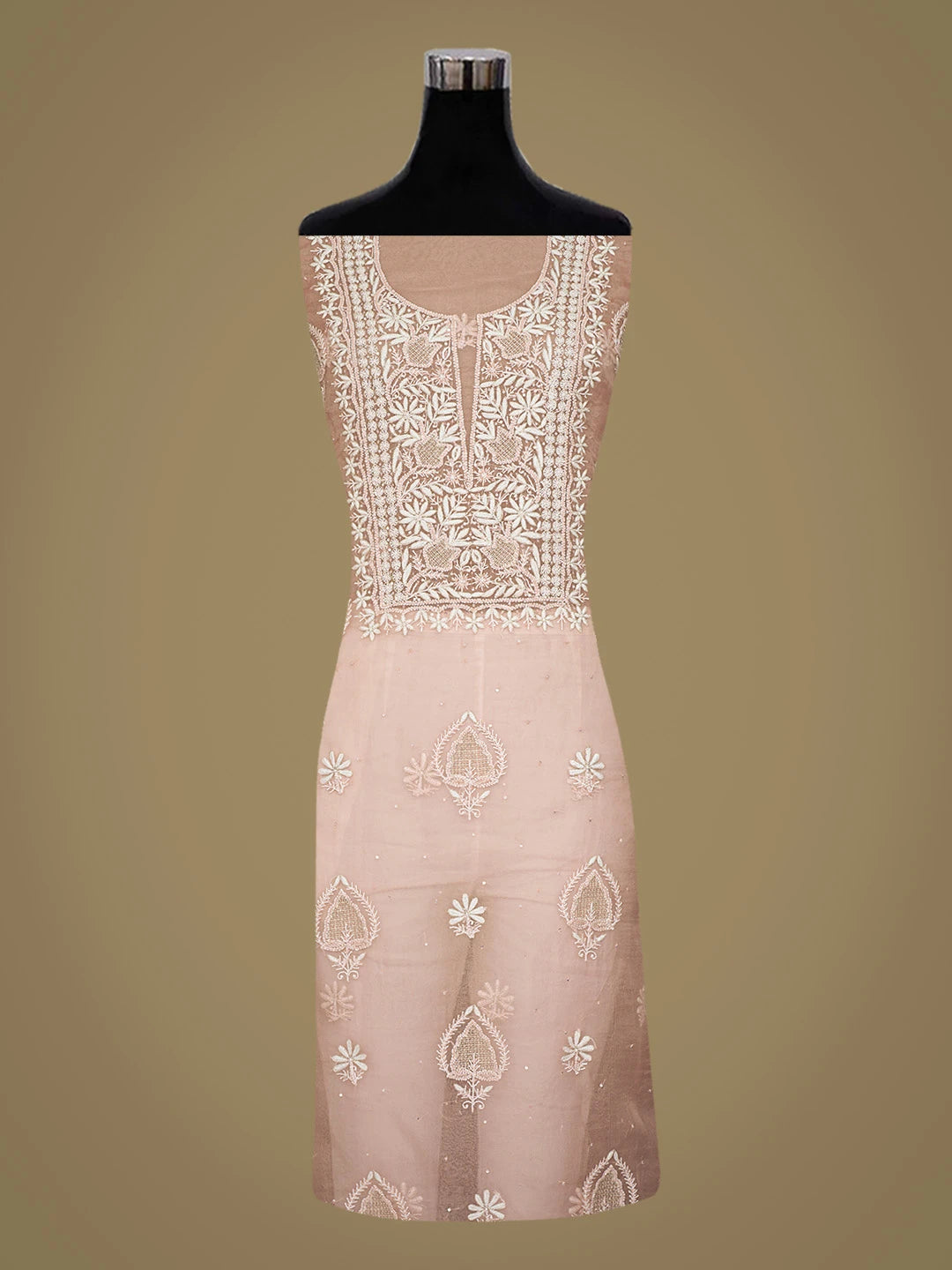 Ada Hand Embroidered Dusty Peach Organza Lucknowi Chikankari Unstitched Kurta Dupatta Set With Cutdana Work 01A771947