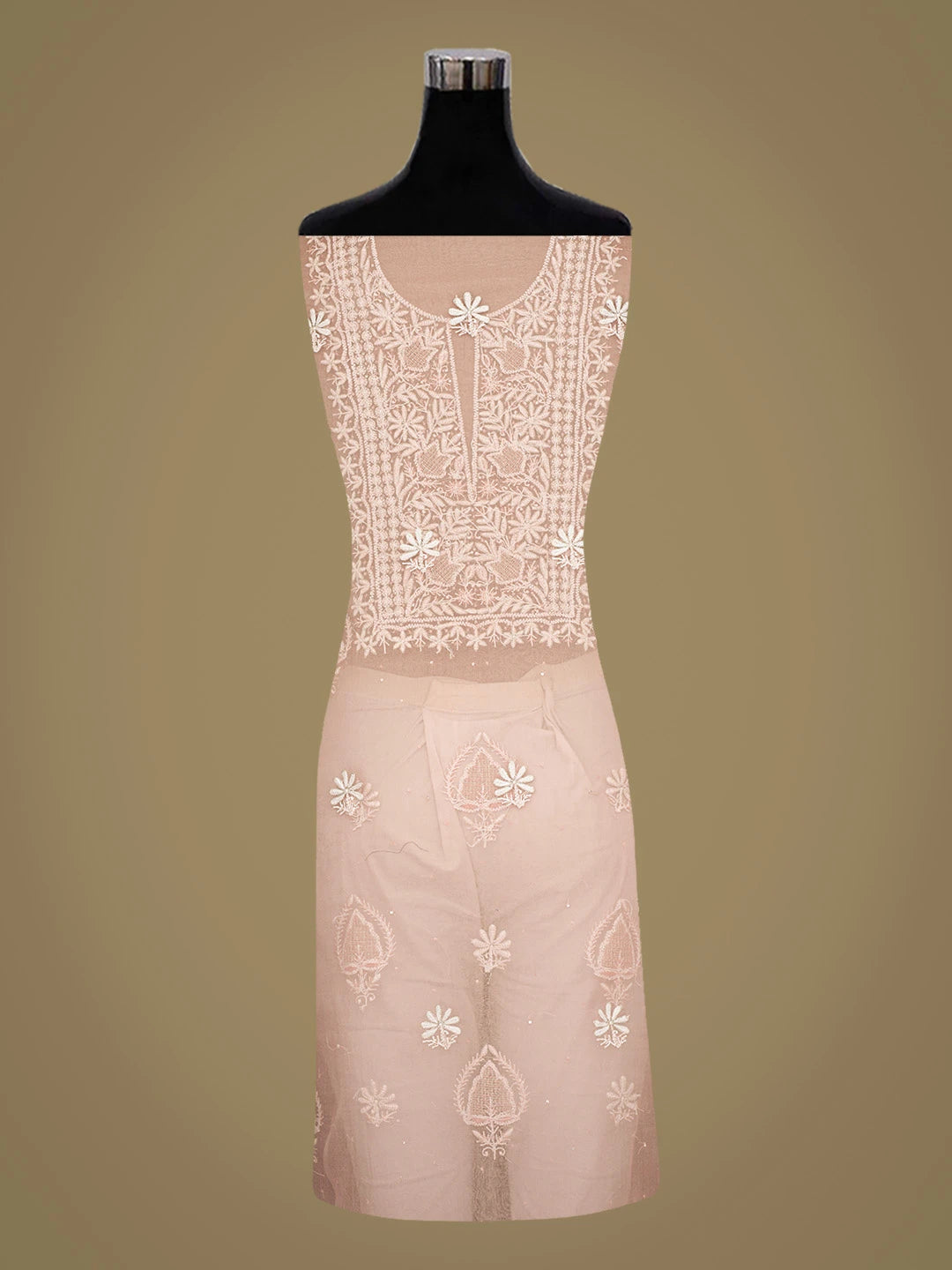 Ada Hand Embroidered Dusty Peach Organza Lucknowi Chikankari Unstitched Kurta Dupatta Set With Cutdana Work 01A771947