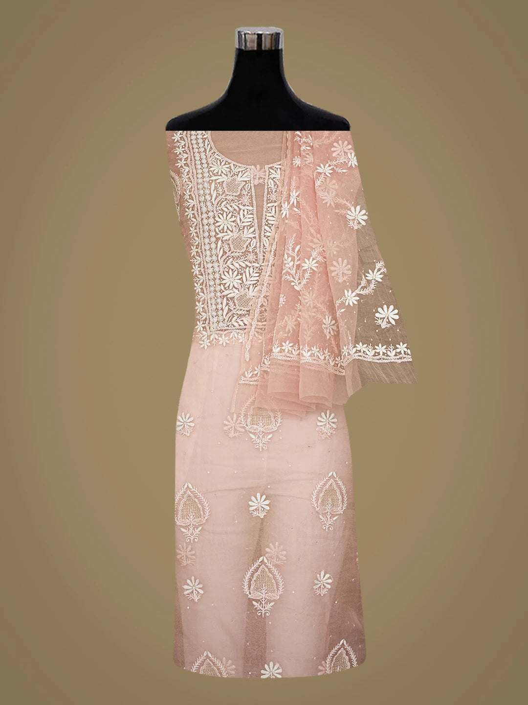 Ada Hand Embroidered Dusty Peach Organza Lucknowi Chikankari Unstitched Kurta Dupatta Set With Cutdana Work 01A771947
