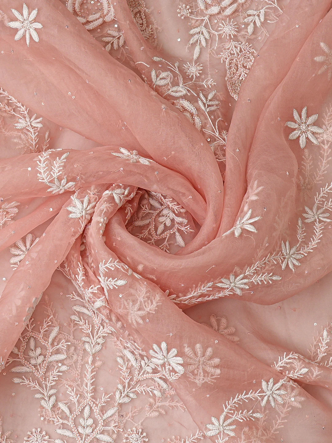 Ada Hand Embroidered Dusty Peach Organza Lucknowi Chikankari Unstitched Kurta Dupatta Set With Cutdana Work 01A771947