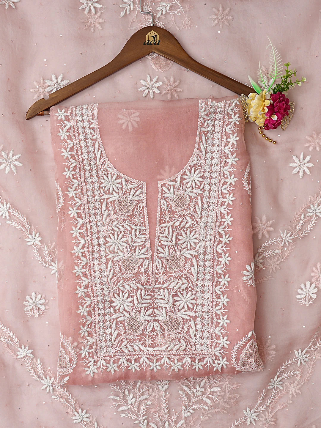 Ada Hand Embroidered Dusty Peach Organza Lucknowi Chikankari Unstitched Kurta Dupatta Set With Cutdana Work 01A771947