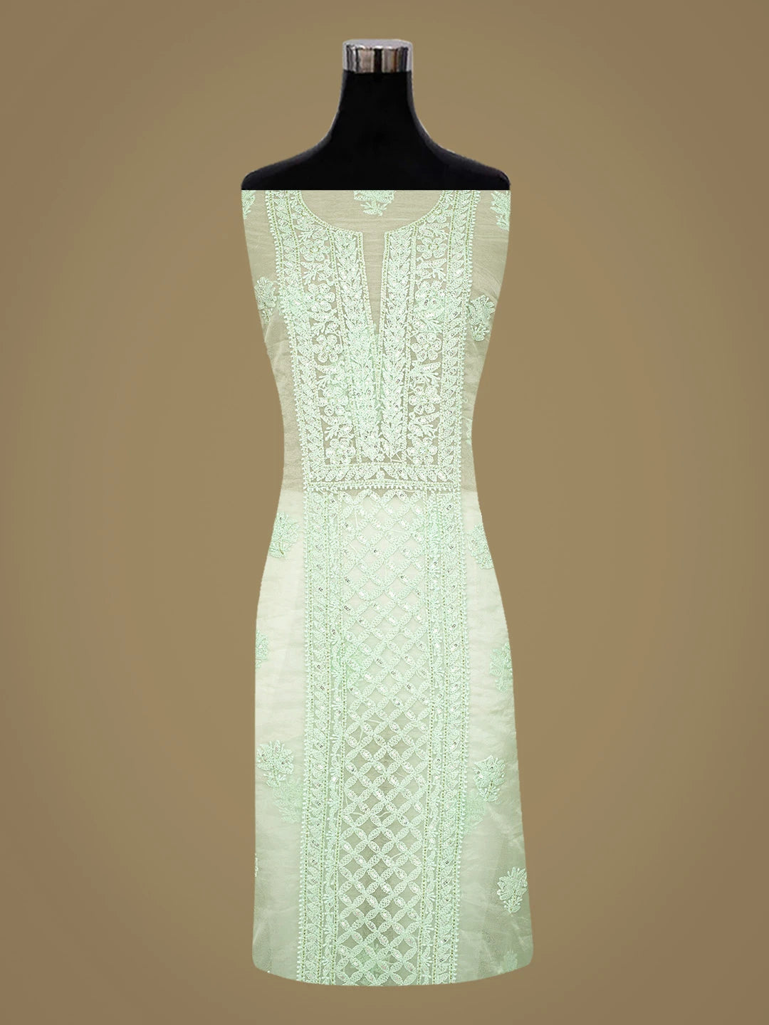 Ada Hand Embroidered Sea Green Organza Lucknowi Chikankari Unstitched Kurta Dupatta Set With Sequins Work 01A718564