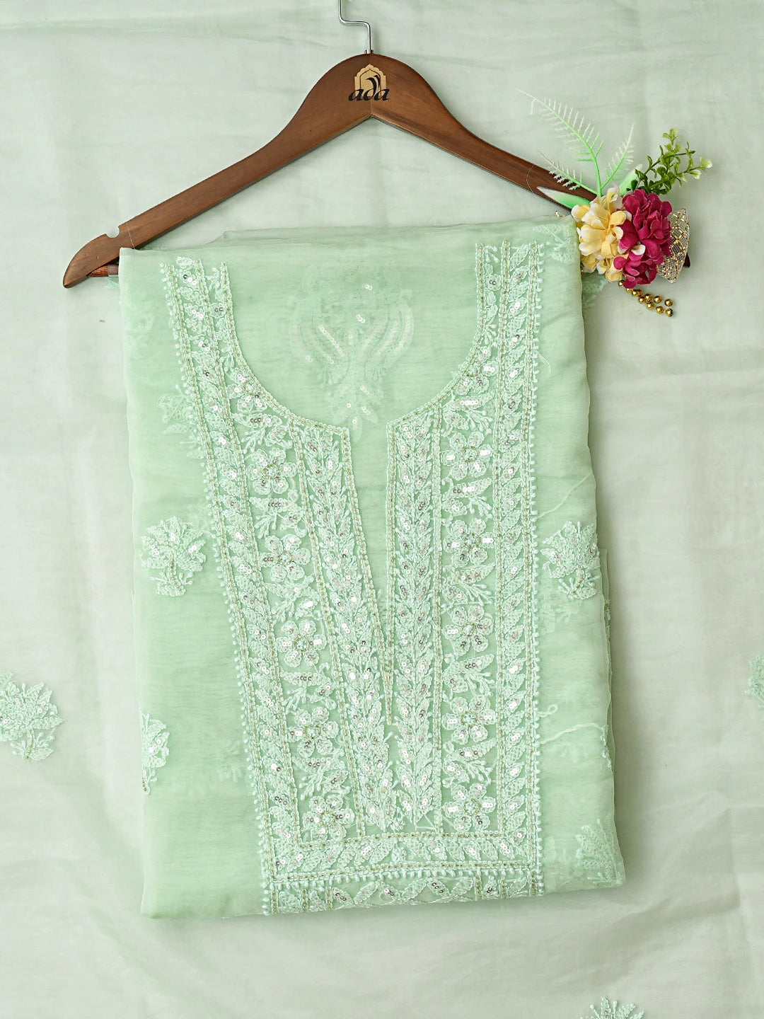 Ada Hand Embroidered Sea Green Organza Lucknowi Chikankari Unstitched Kurta Dupatta Set With Sequins Work 01A718564