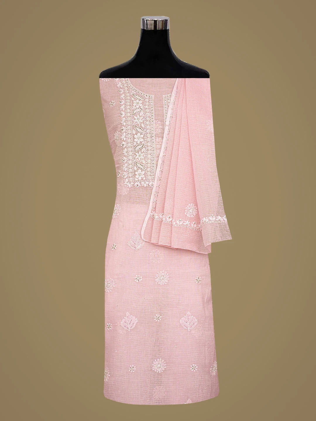 Ada Hand Embroidered Pink Kota Lucknowi Chikankari Unstitched Kurta Dupatta Set With Pearl Work 01A574079