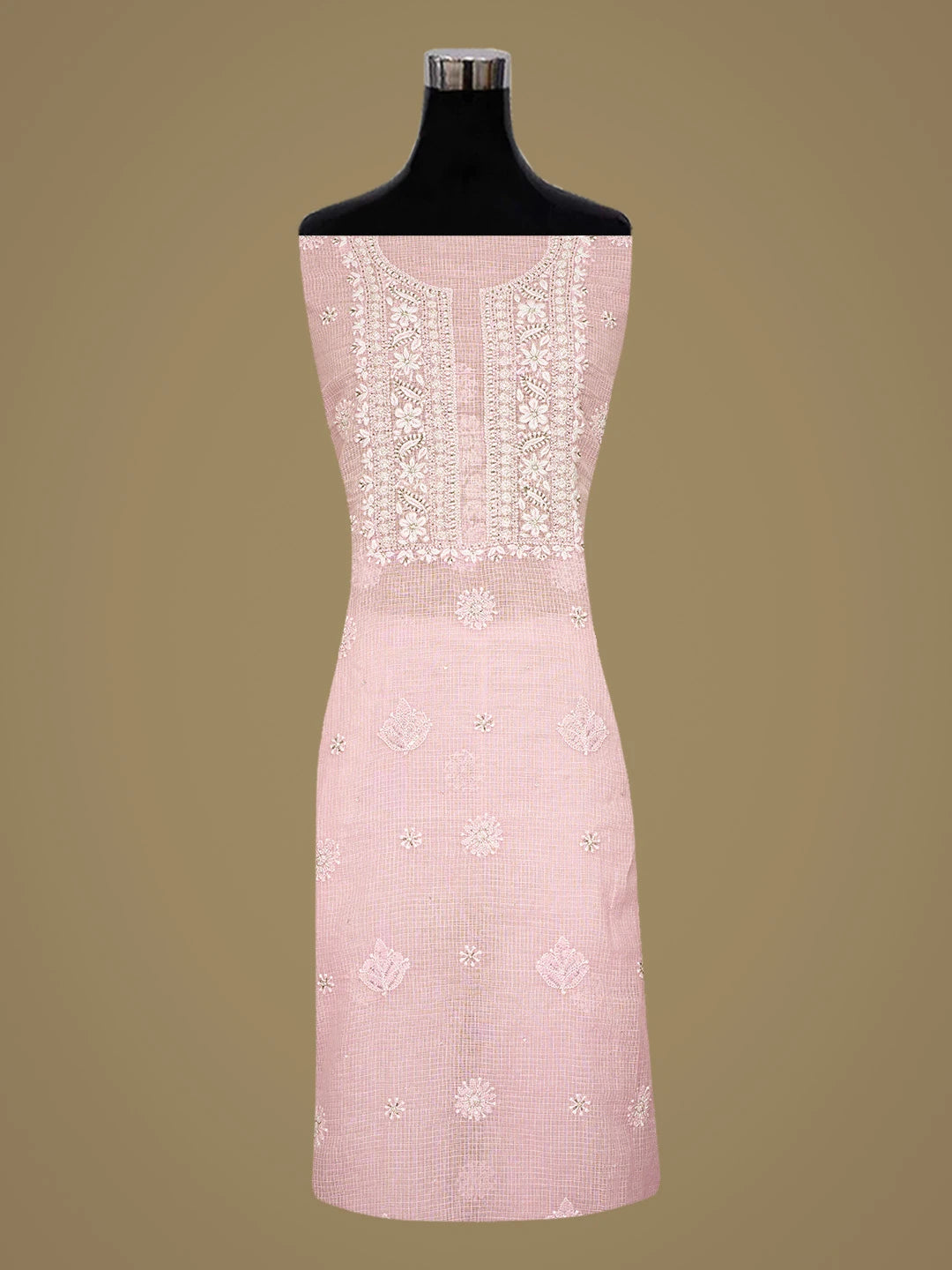 Ada Hand Embroidered Pink Kota Lucknowi Chikankari Unstitched Kurta Dupatta Set With Pearl Work 01A574079