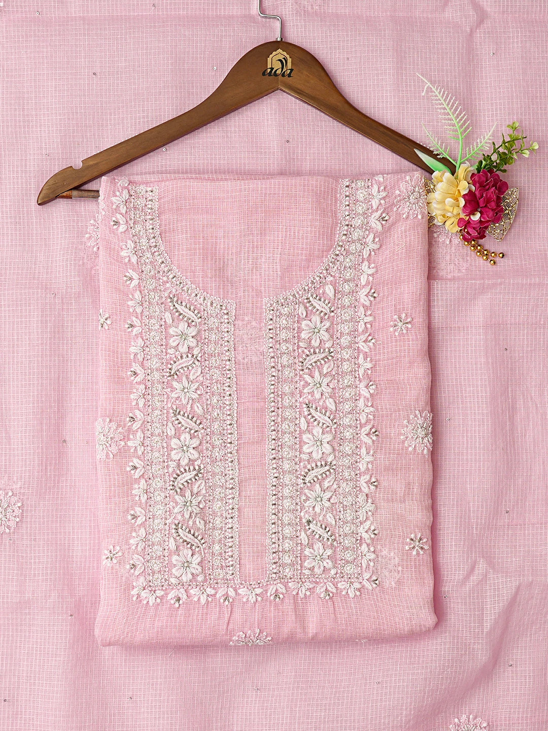 Ada Hand Embroidered Pink Kota Lucknowi Chikankari Unstitched Kurta Dupatta Set With Pearl Work 01A574079