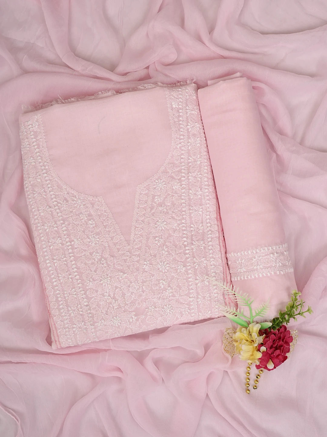 Ada Hand Embroidered Pink Cotton Lucknowi Chikankari Unstitched Suit Piece 01A821970