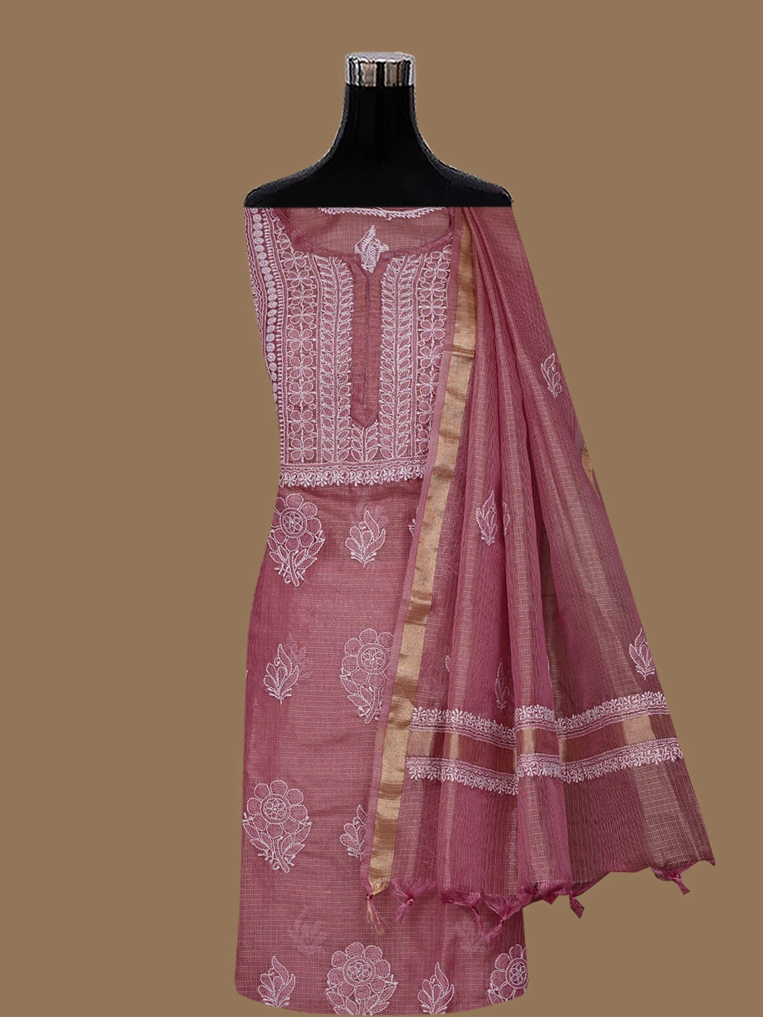 Ada Hand Embroidered Onion Pink Tissue Lucknowi Chikankari Semi-Stitched Kurta Dupatta Set 01A784674