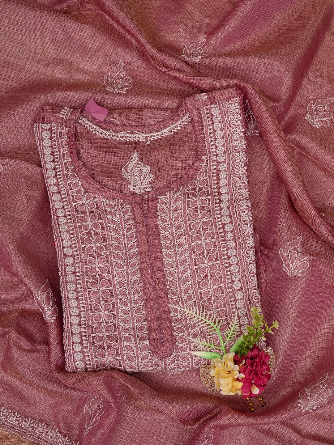 Ada Hand Embroidered Onion Pink Tissue Lucknowi Chikankari Semi-Stitched Kurta Dupatta Set 01A784674