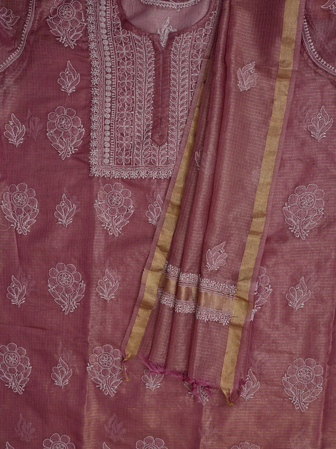 Ada Hand Embroidered Onion Pink Tissue Lucknowi Chikankari Semi-Stitched Kurta Dupatta Set 01A784674