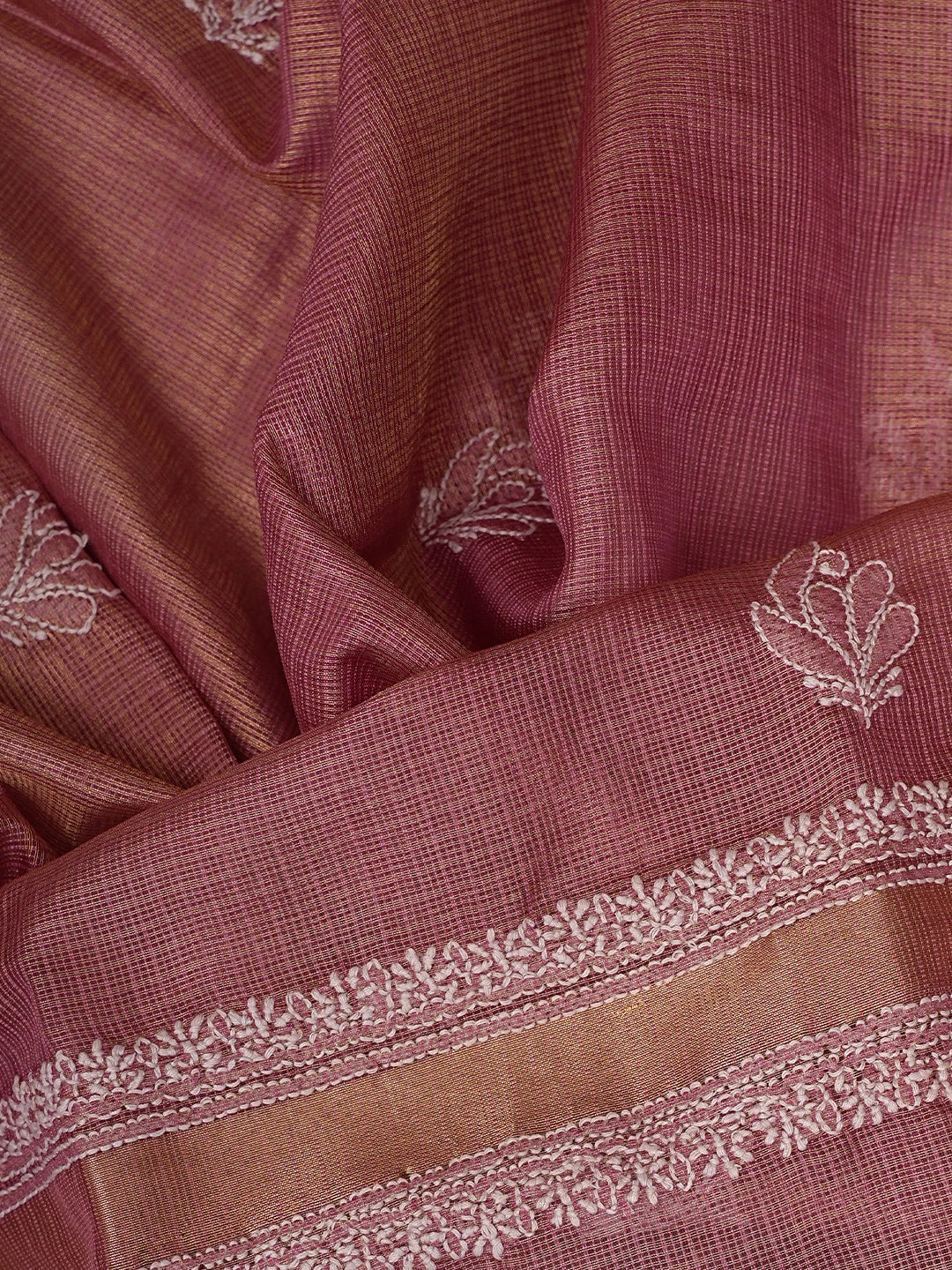 Ada Hand Embroidered Onion Pink Tissue Lucknowi Chikankari Semi-Stitched Kurta Dupatta Set 01A784674