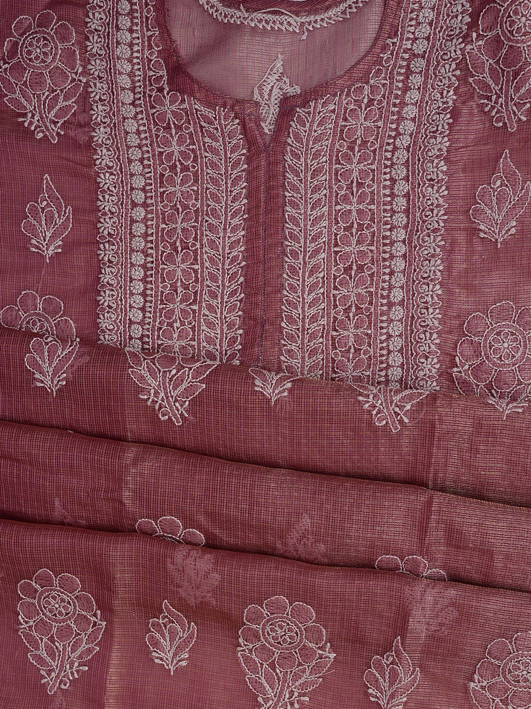 Ada Hand Embroidered Onion Pink Tissue Lucknowi Chikankari Semi-Stitched Kurta Dupatta Set 01A784674