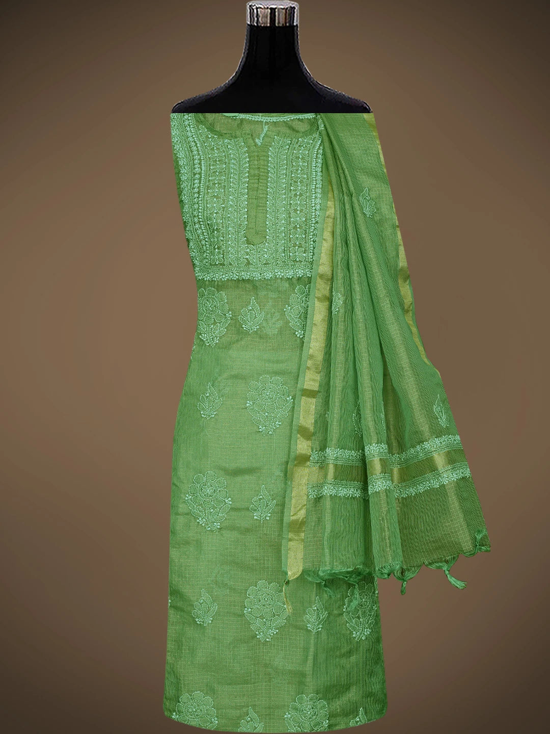 Ada Hand Embroidered Pista Green Tissue Lucknowi Chikankari Semi-Stitched Kurta Dupatta Set 01A784663