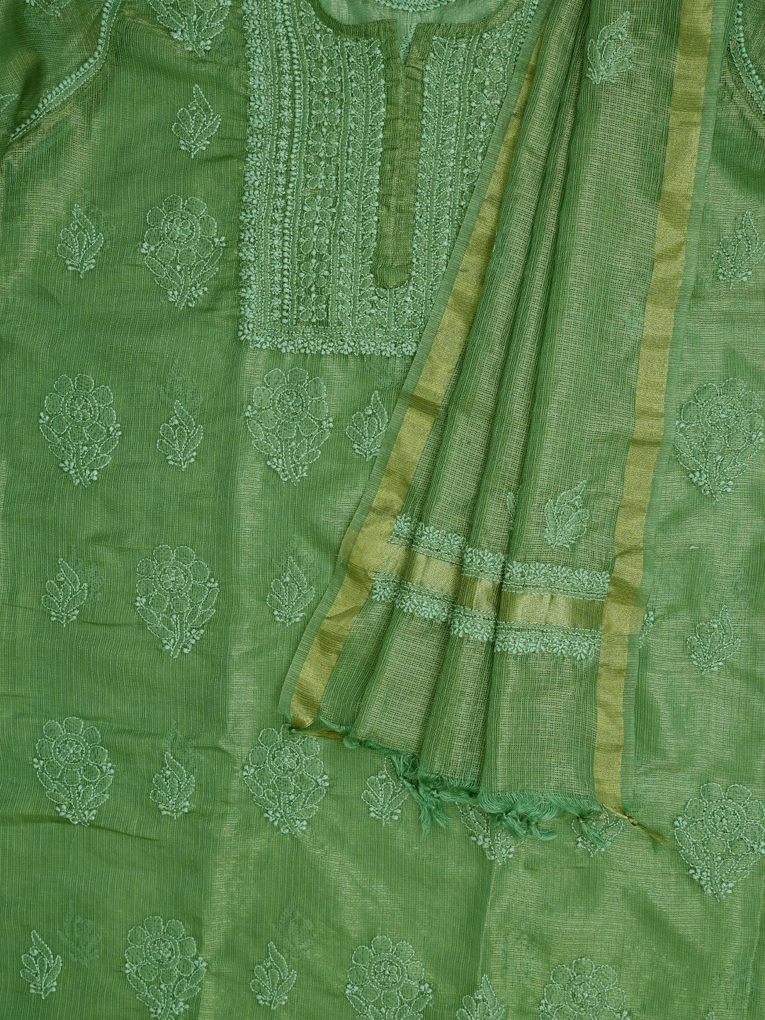 Ada Hand Embroidered Pista Green Tissue Lucknowi Chikankari Semi-Stitched Kurta Dupatta Set 01A784663