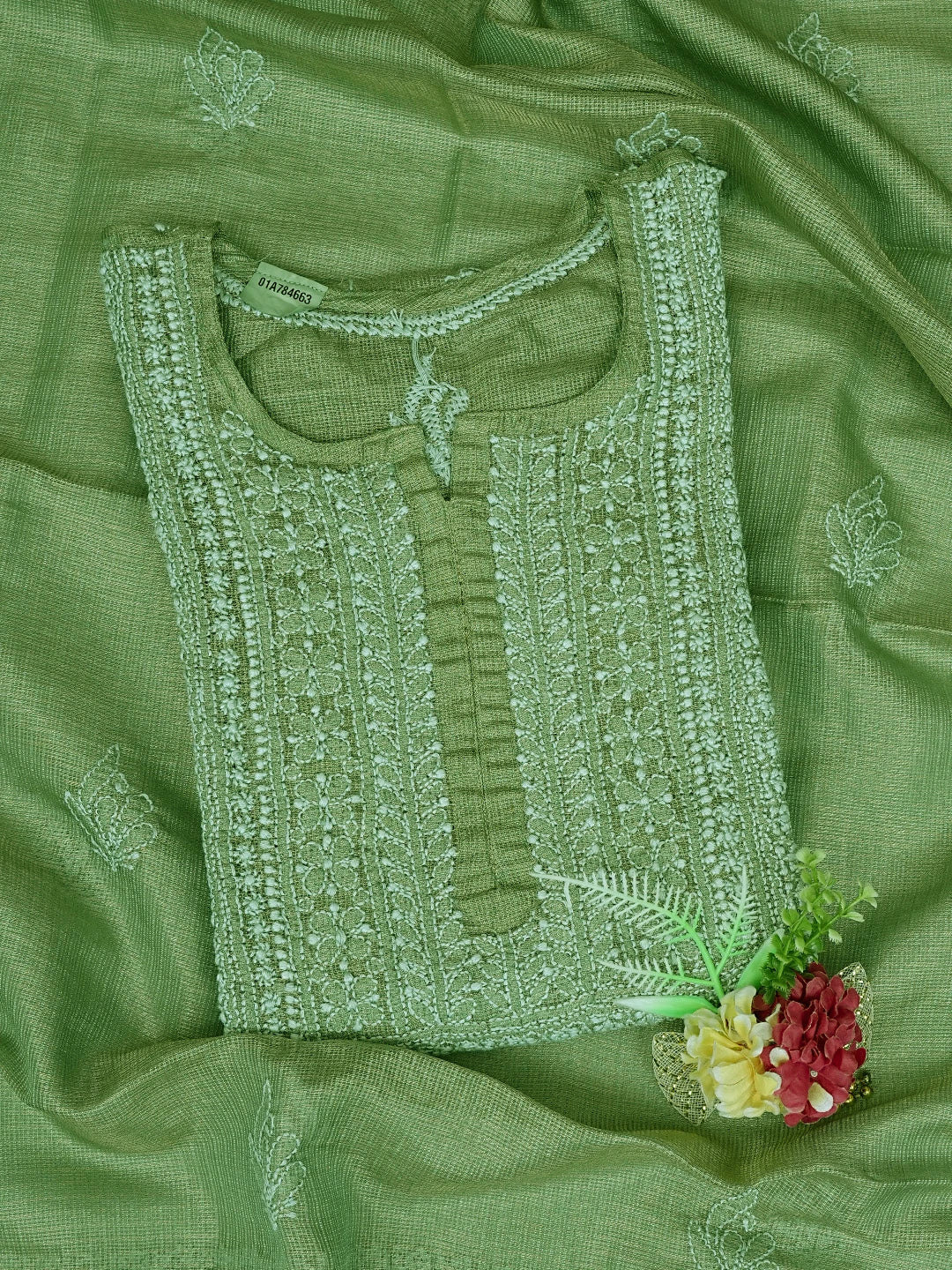 Ada Hand Embroidered Pista Green Tissue Lucknowi Chikankari Semi-Stitched Kurta Dupatta Set 01A784663
