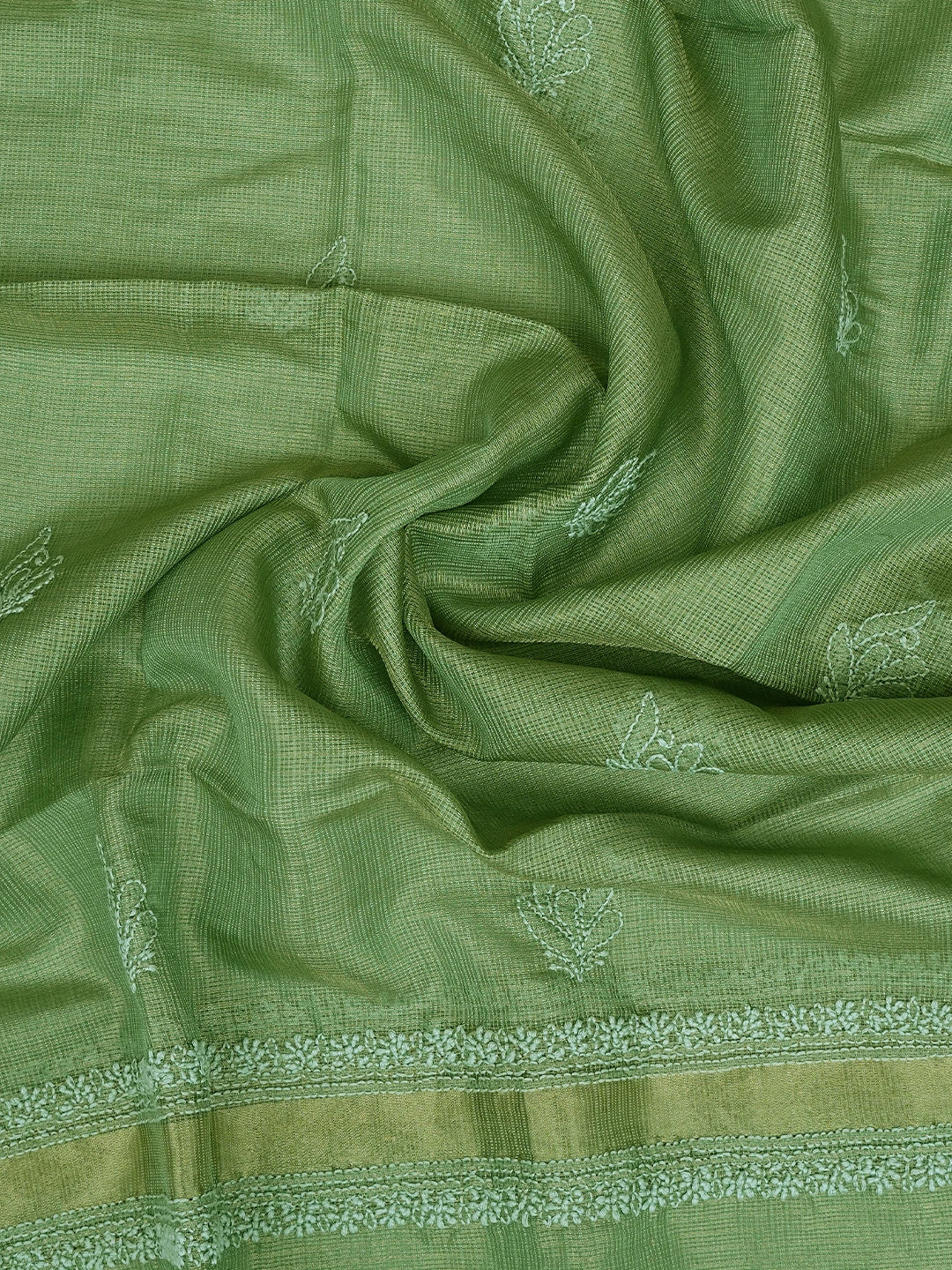 Ada Hand Embroidered Pista Green Tissue Lucknowi Chikankari Semi-Stitched Kurta Dupatta Set 01A784663