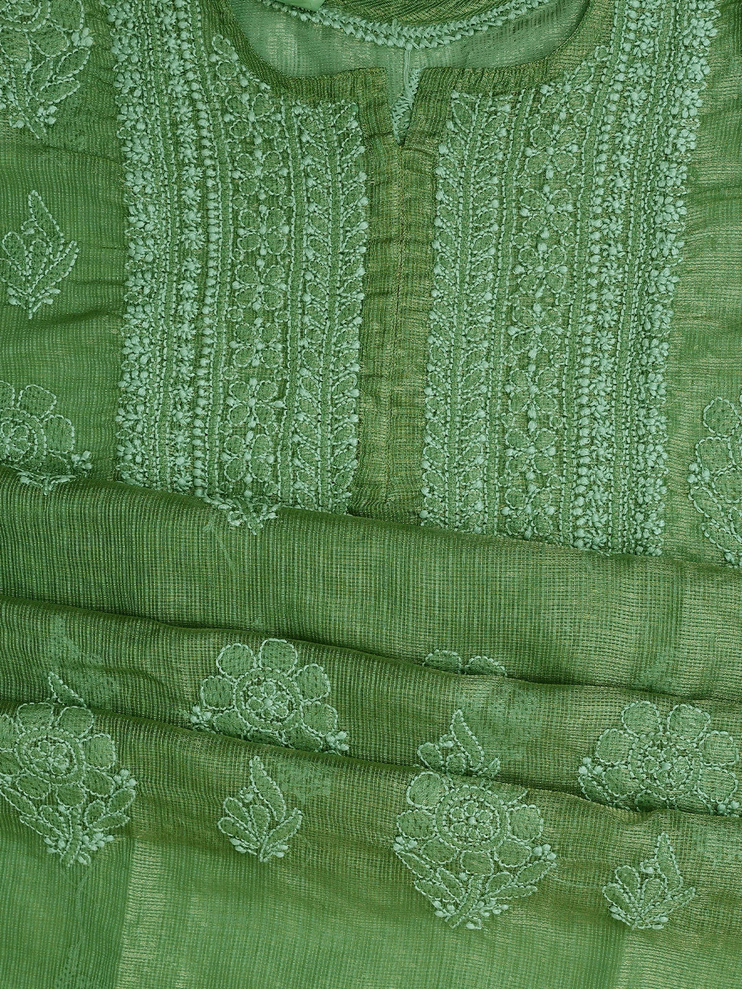 Ada Hand Embroidered Pista Green Tissue Lucknowi Chikankari Semi-Stitched Kurta Dupatta Set 01A784663