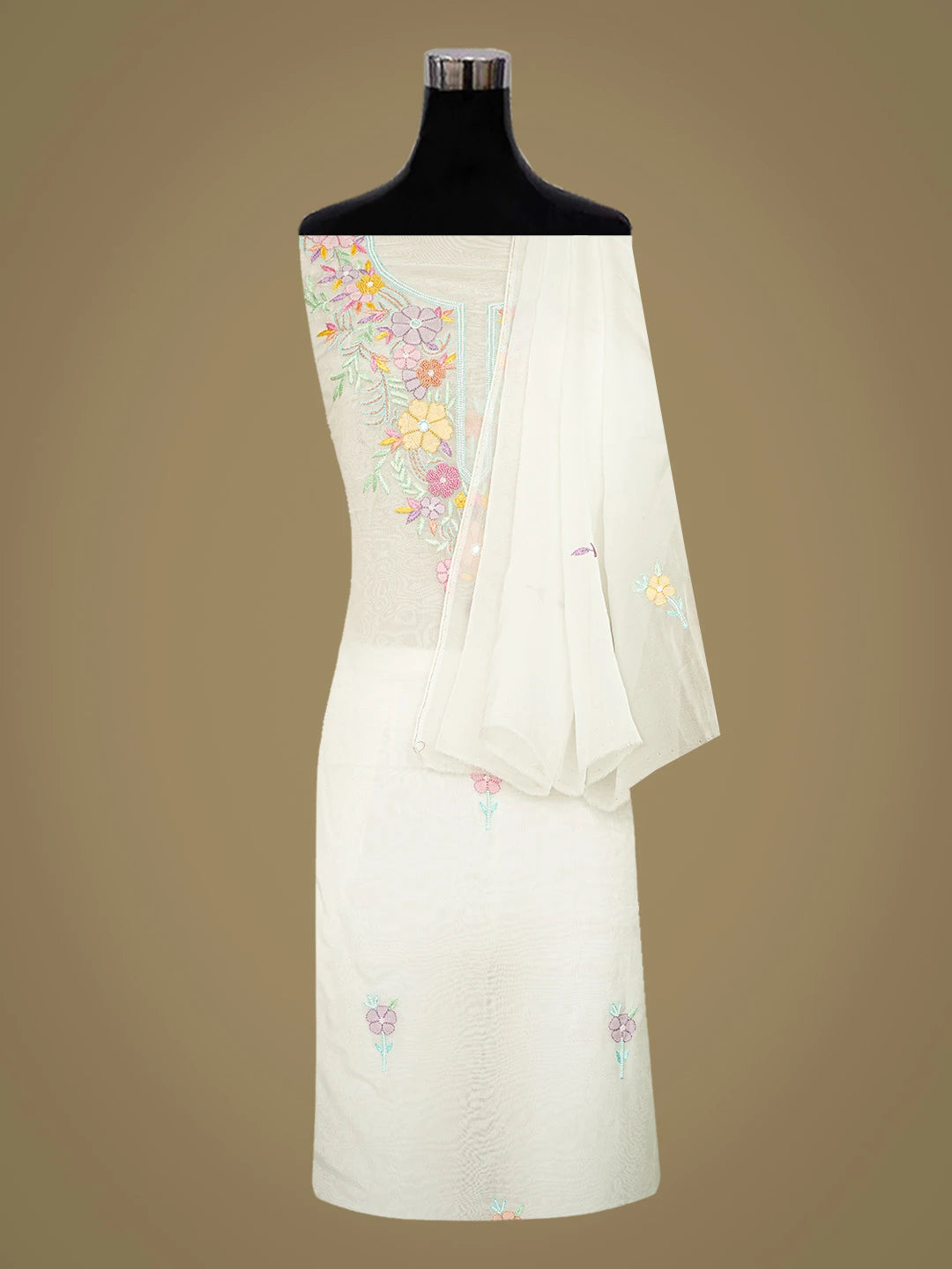 Ada Hand Embroidered White Organza Lucknowi Chikankari Unstitched Kurta Dupatta Set With Parsi Work 01A819253