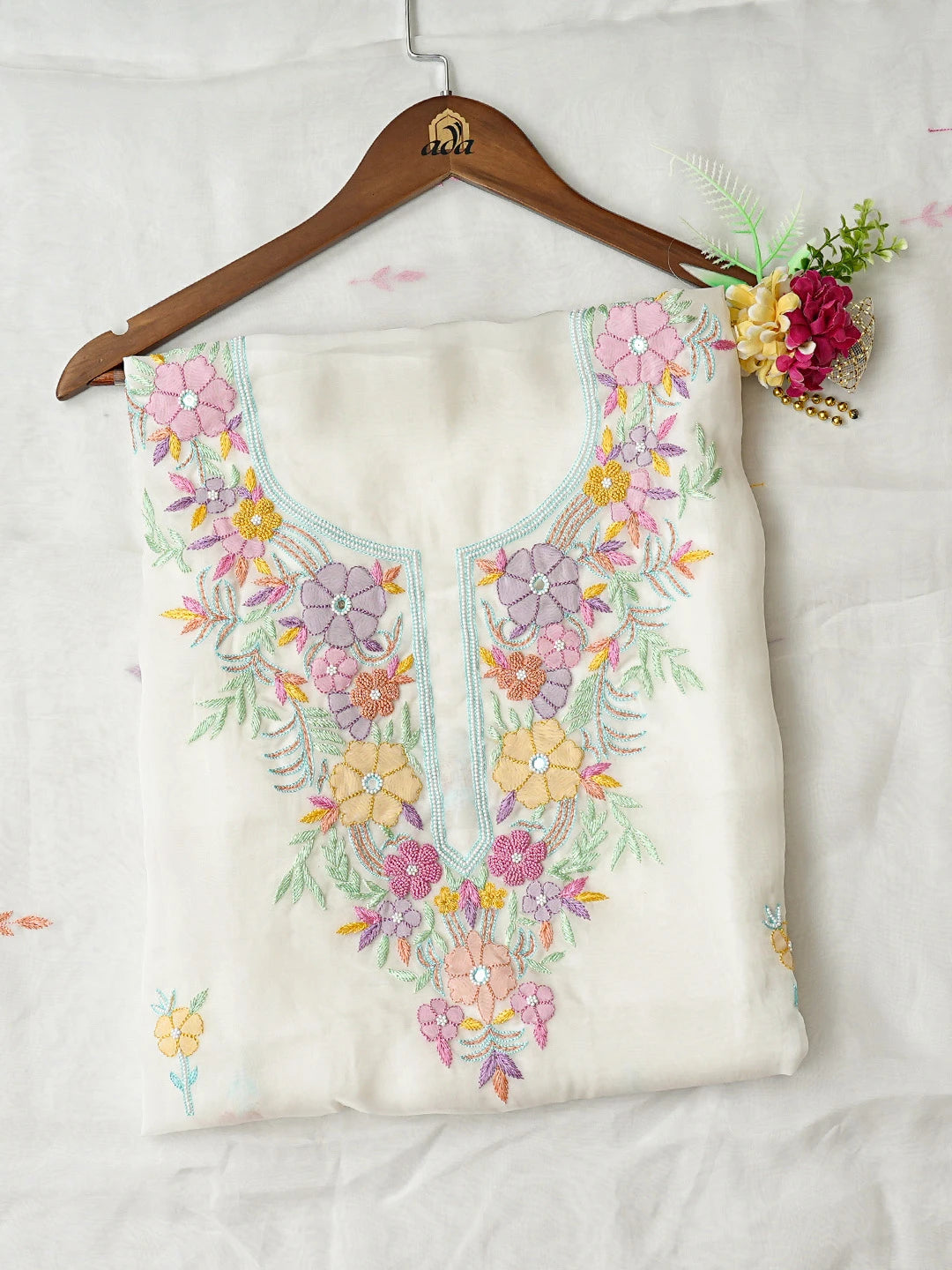 Ada Hand Embroidered White Organza Lucknowi Chikankari Unstitched Kurta Dupatta Set With Parsi Work 01A819253
