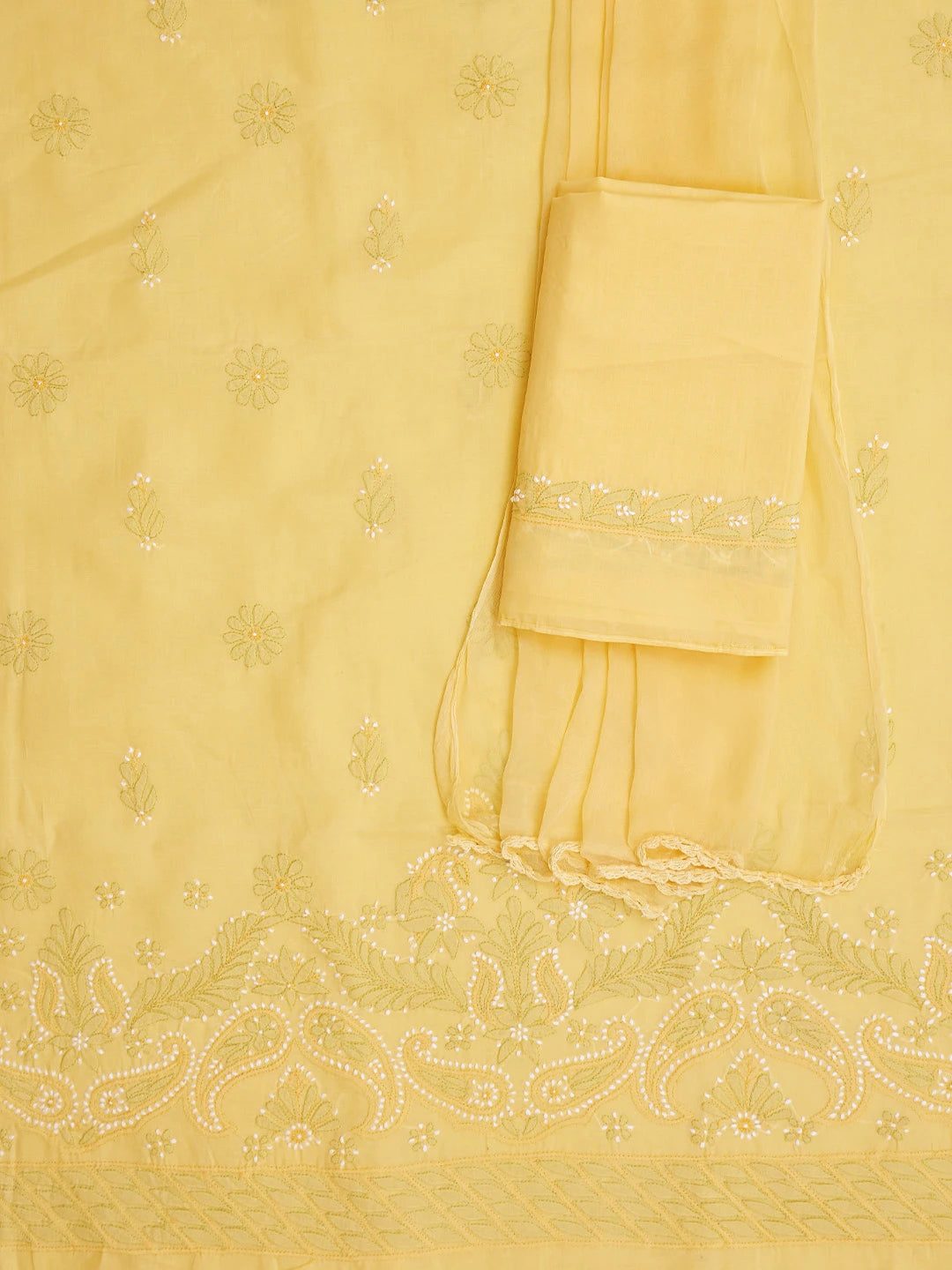Ada Hand Embroidered Yellow Cotton Lucknowi Chikankari Unstitched Suit Piece 01A819198