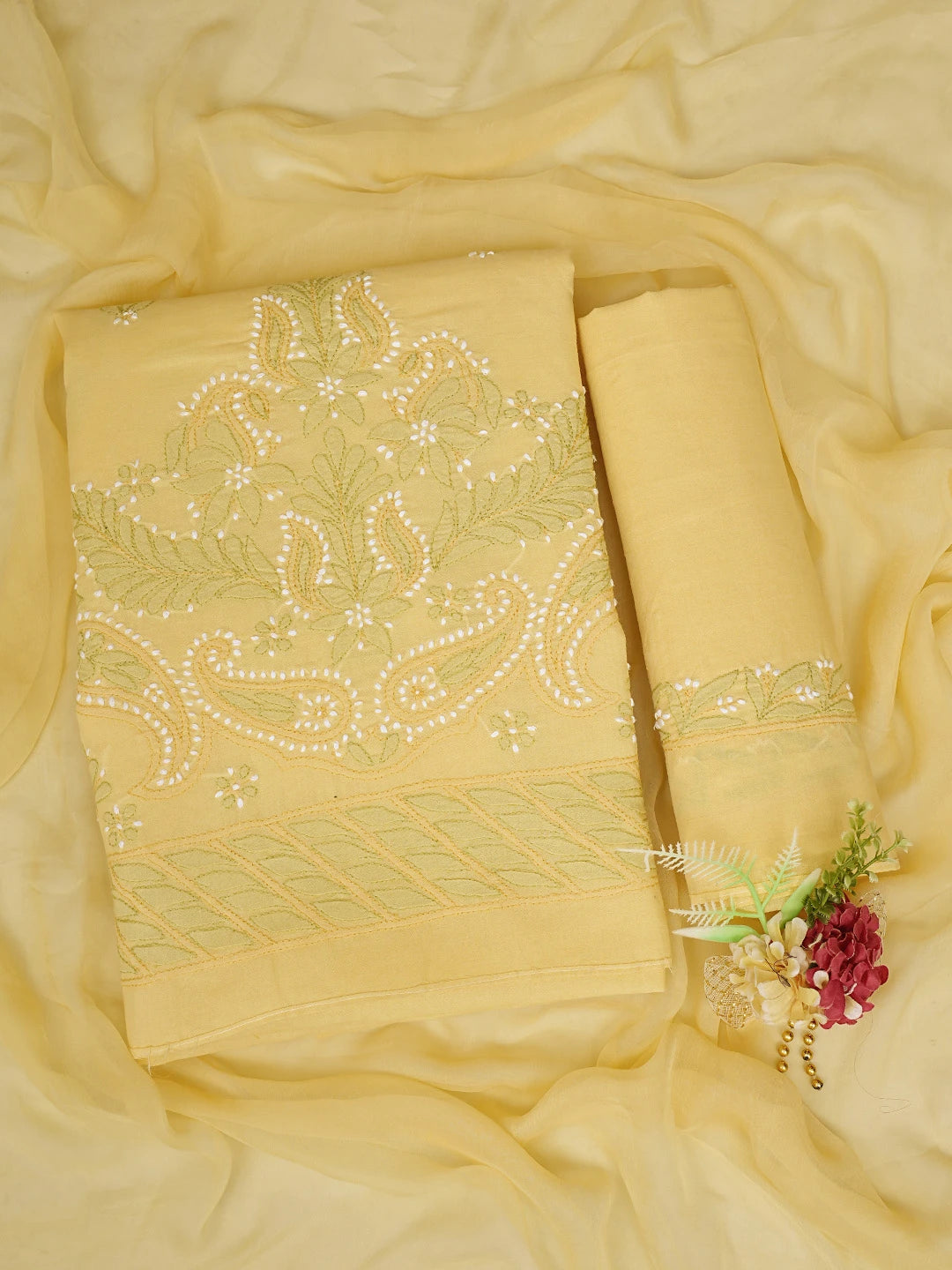 Ada Hand Embroidered Yellow Cotton Lucknowi Chikankari Unstitched Suit Piece 01A819198