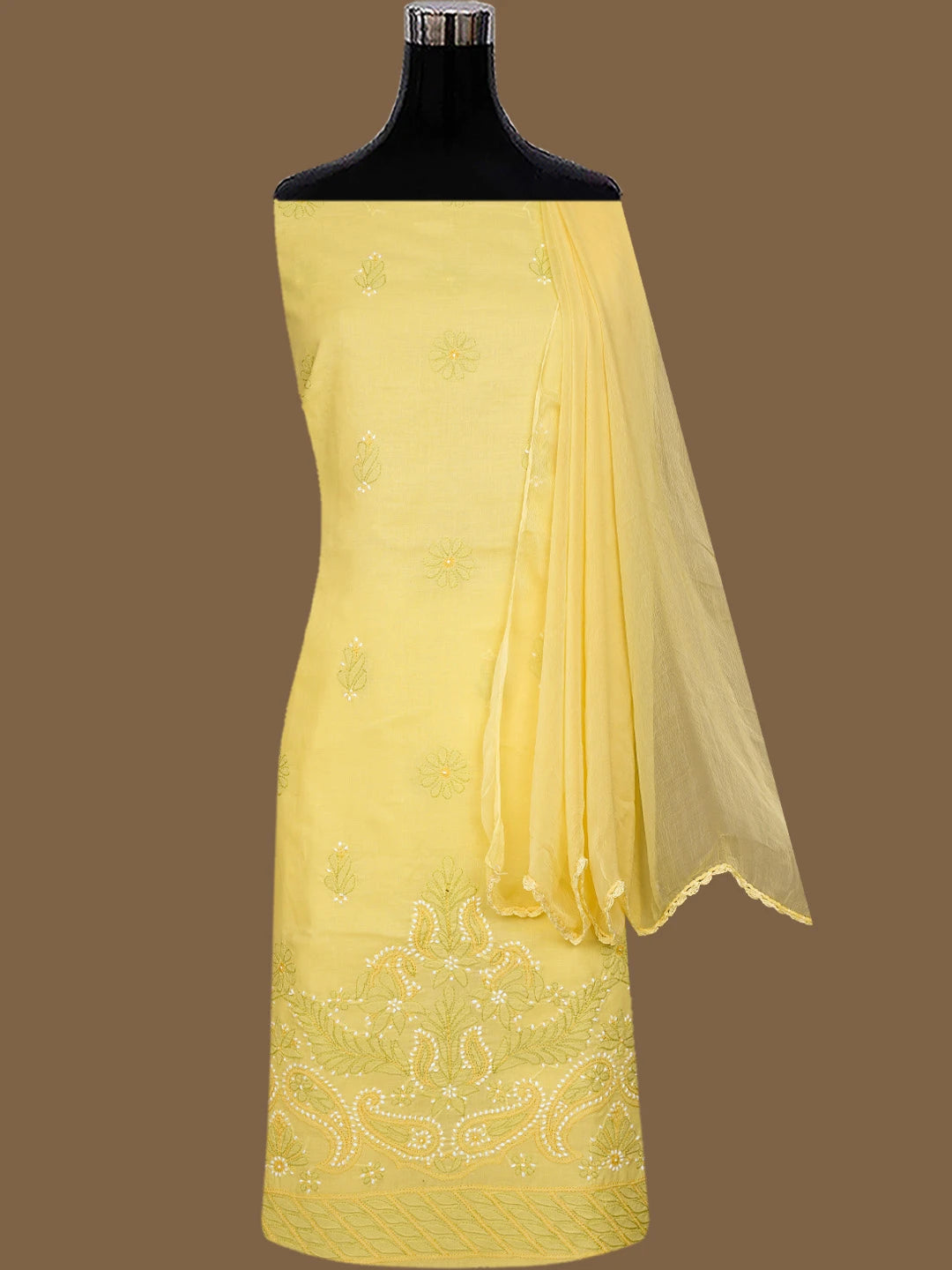 Ada Hand Embroidered Yellow Cotton Lucknowi Chikankari Unstitched Suit Piece 01A819198