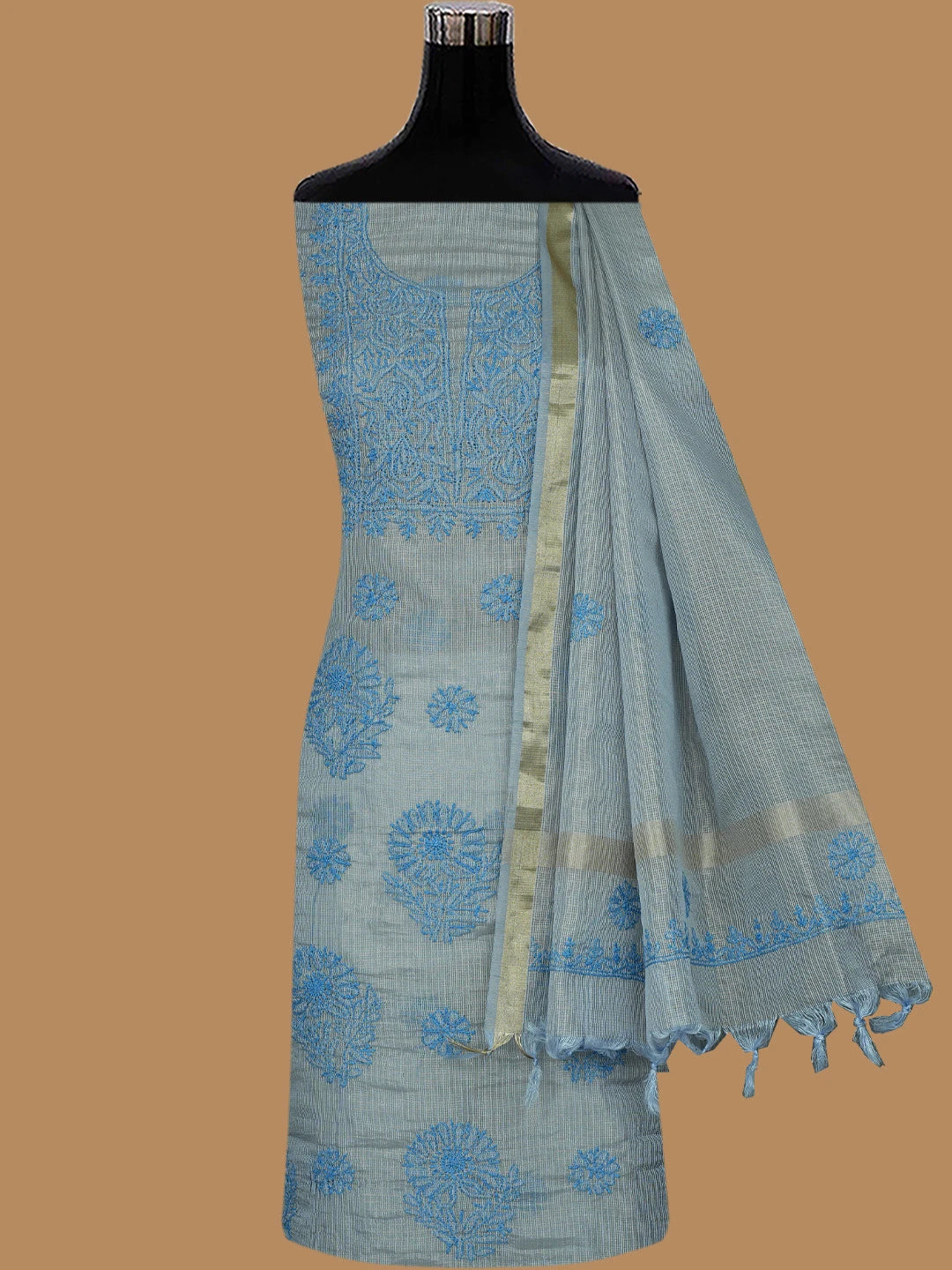 Ada Hand Embroidered Grey Kota Lucknowi Chikankari Unstitched Kurta Dupatta Set 01A802337