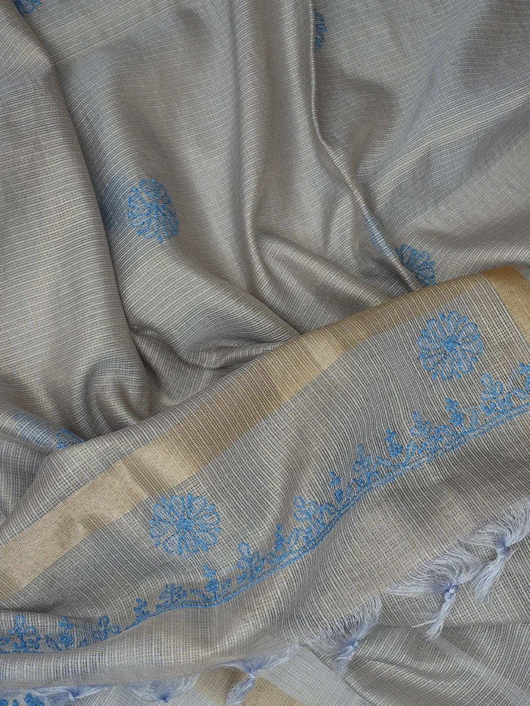 Ada Hand Embroidered Grey Kota Lucknowi Chikankari Unstitched Kurta Dupatta Set 01A802337